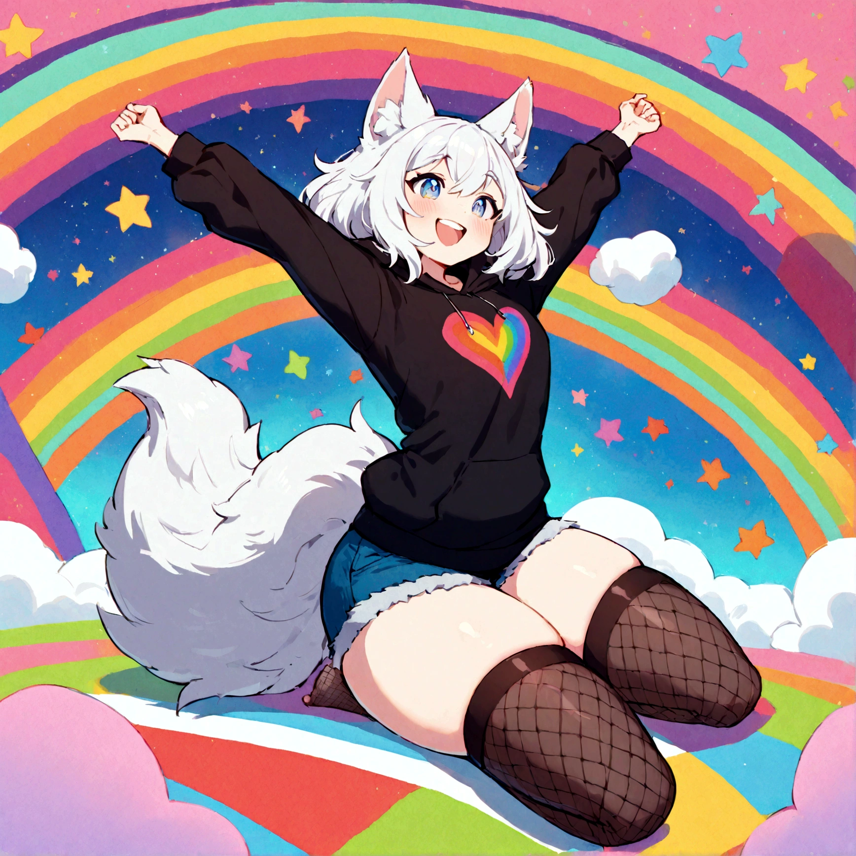 a cute adult male with wolf ears, white hair, has a wolf tail, wearing a loose cropped oversized black hoodie, wearing a pair of denim short shorts and thigh high fishnet stockings, thick thighs, wide hips, relaxing on mound of fluffy multi colored kawaii plushies, short, very slim, showing slender tummy, stretching out, heart on hoodie, squishy thighs, has glowing blue eyes. alone, solo (ALONE)(SOLO), surrounded by rainbows, colorful galaxy backround, mouth wide open grin, very happy, excited, nice butt
