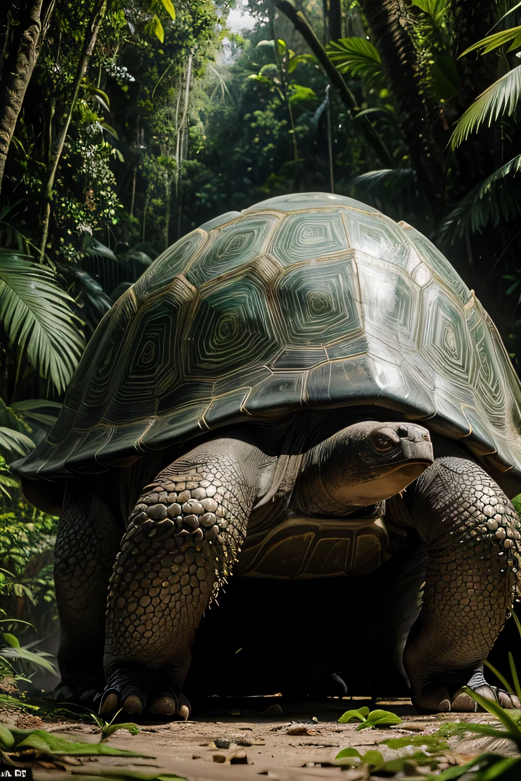 Giant tortoise with a shell encrusted with emeralds, in the middle of the Amazon rainforest.