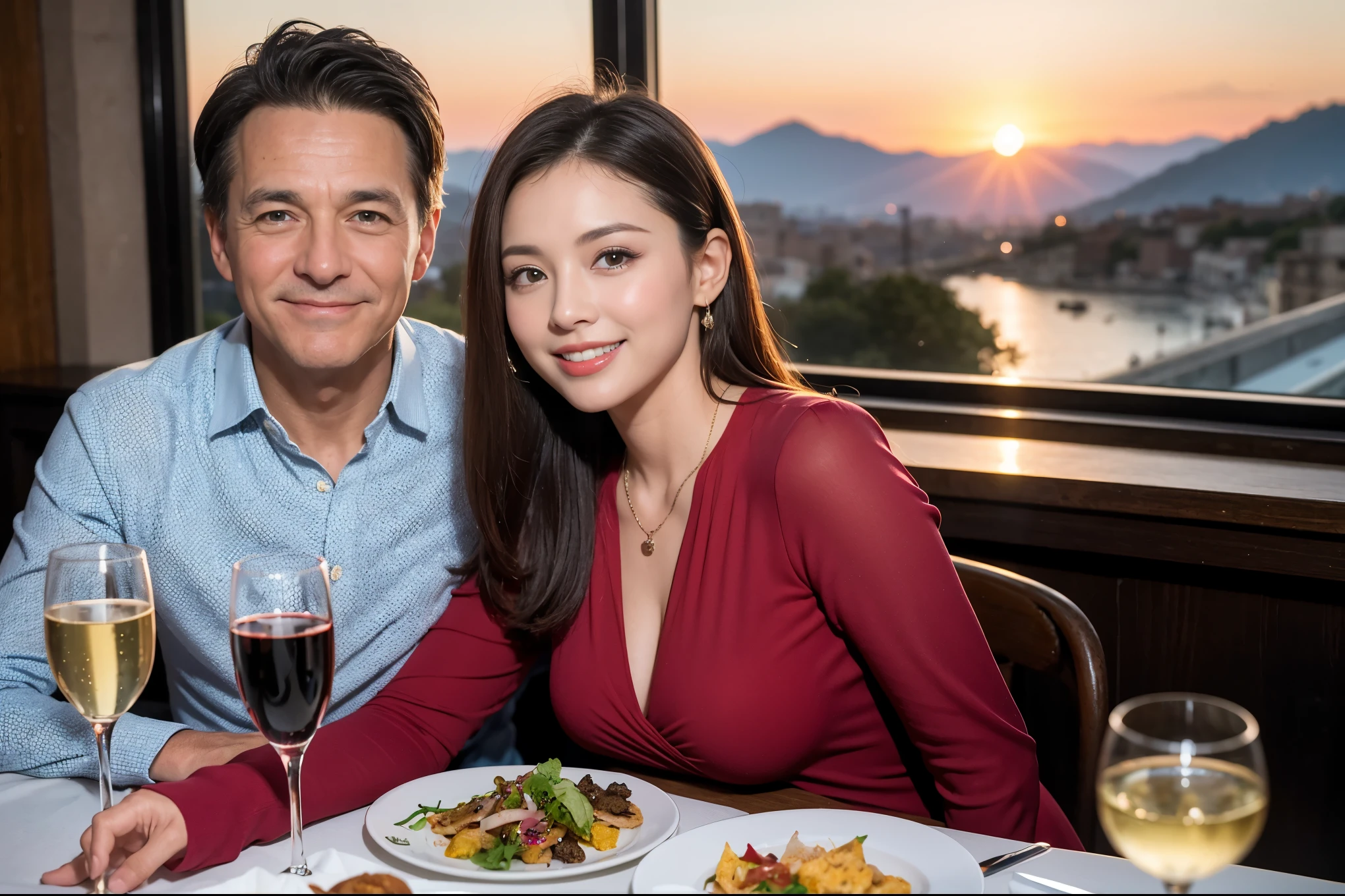 ((highest quality、8k、masterpiece:1.3))、1 male 1 female、spouse、Beautiful couple、smile、 (Slim face), (the body is スリム), (Brown Hair), (Shortcuts), ((Bob Hale、Straight hair:1.2)), Wine glass on the table、Please shine a light on my face、 Amazing view of the sunset sky and clouds、Amazing mountain views、The beauty of a smile、Bright image、Blushing, Shortcuts,Bright Face、 (42 years old), 39 years old, red wine 、Appetizers、Italian food、Wine bottle、Champagne、sparkling wine、Long sleeve shirt、dress、Attractive beauty、restaurant, Nova Frog Style, actress, model, Upper Body, White wine, red wine, wine glass, 