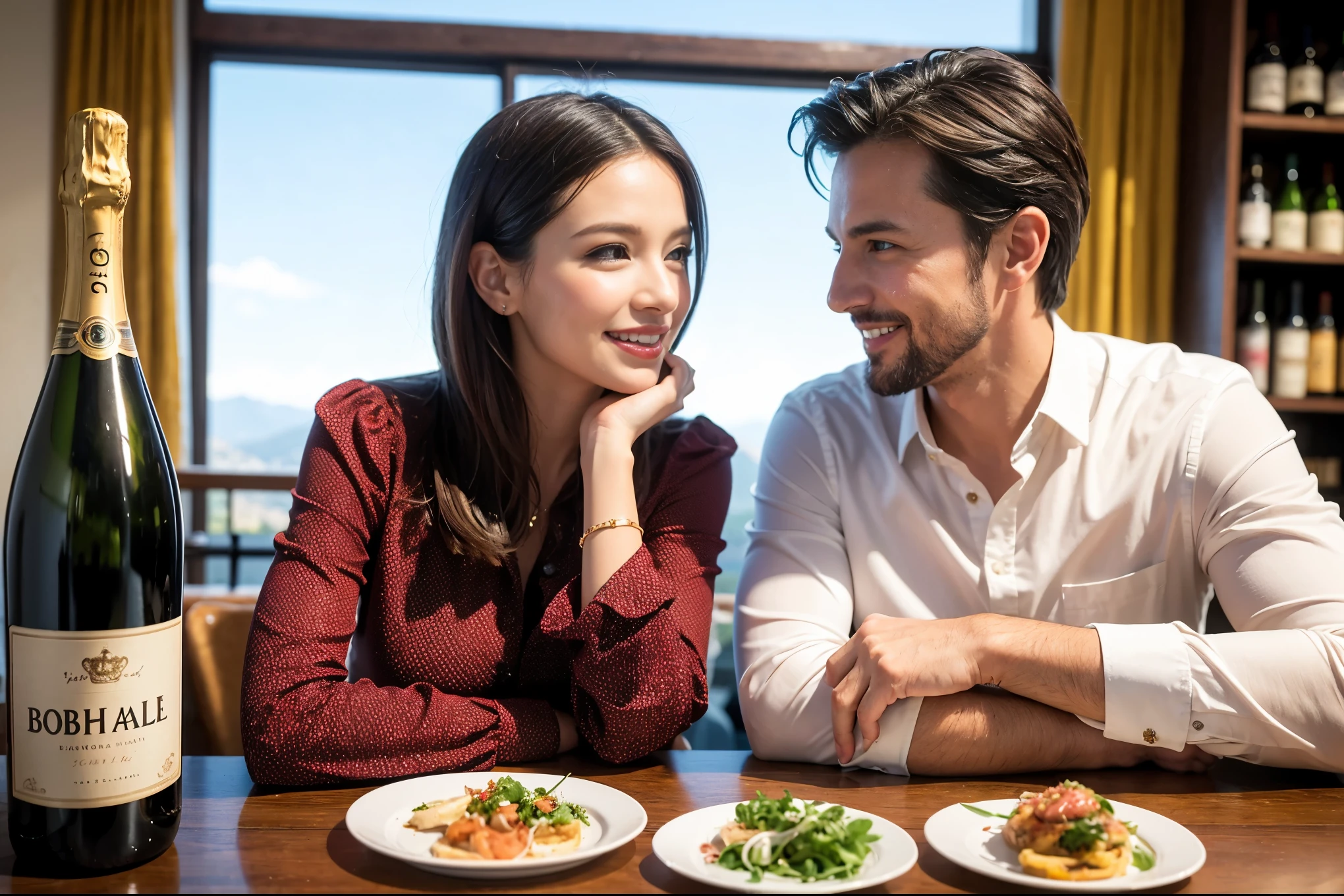 ((highest quality、8k、masterpiece:1.3))、1 male 1 female、spouse、Beautiful couple、smile、 (Slim face), (the body is スリム), (Brown Hair), (Shortcuts), ((Bob Hale、Straight hair:1.2)), Wine glass on the table、Please shine a light on my face、 Amazing view of the sunset sky and clouds、Amazing mountain views、The beauty of a smile、Bright image、Blushing, Shortcuts,Bright Face、 (42 years old), 39 years old, red wine 、Appetizers、Italian food、Wine bottle、Champagne、sparkling wine、Long sleeve shirt、dress、Attractive beauty、restaurant, Nova Frog Style, actress, model, Upper Body, White wine, red wine, wine glass,