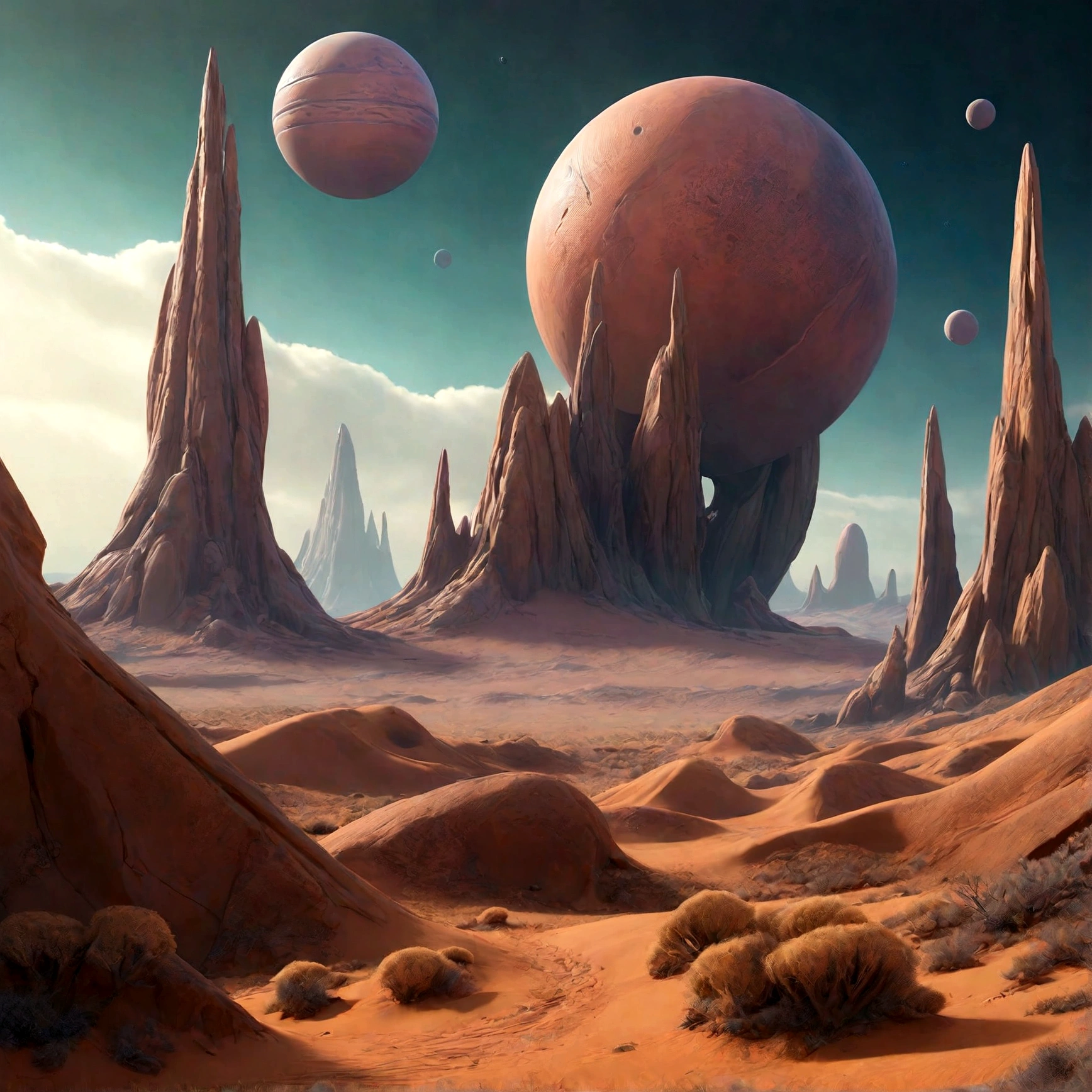 A landscape on a distant planet with unusual terrain and alien lifeforms.