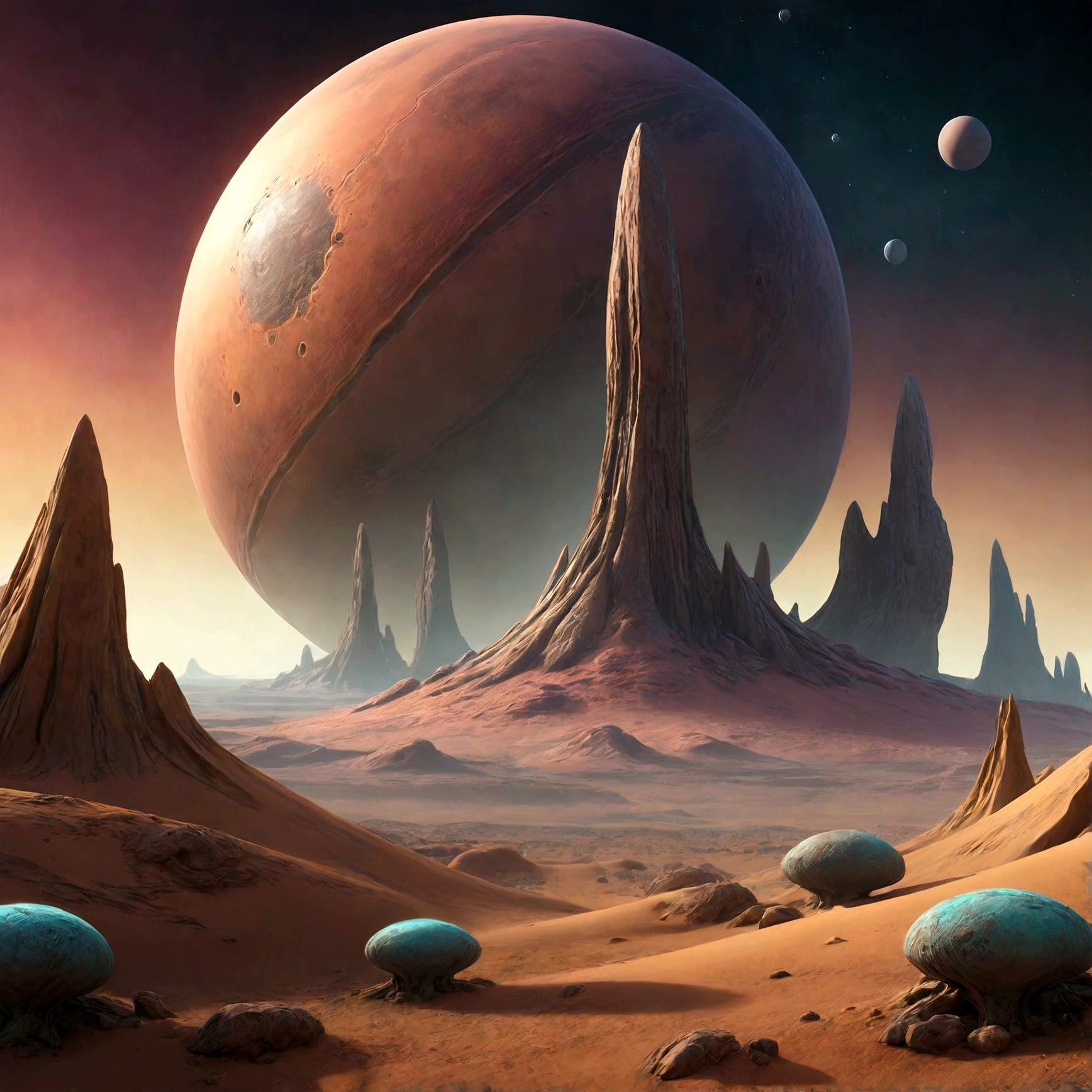 A landscape on a distant planet with unusual terrain and alien lifeforms.