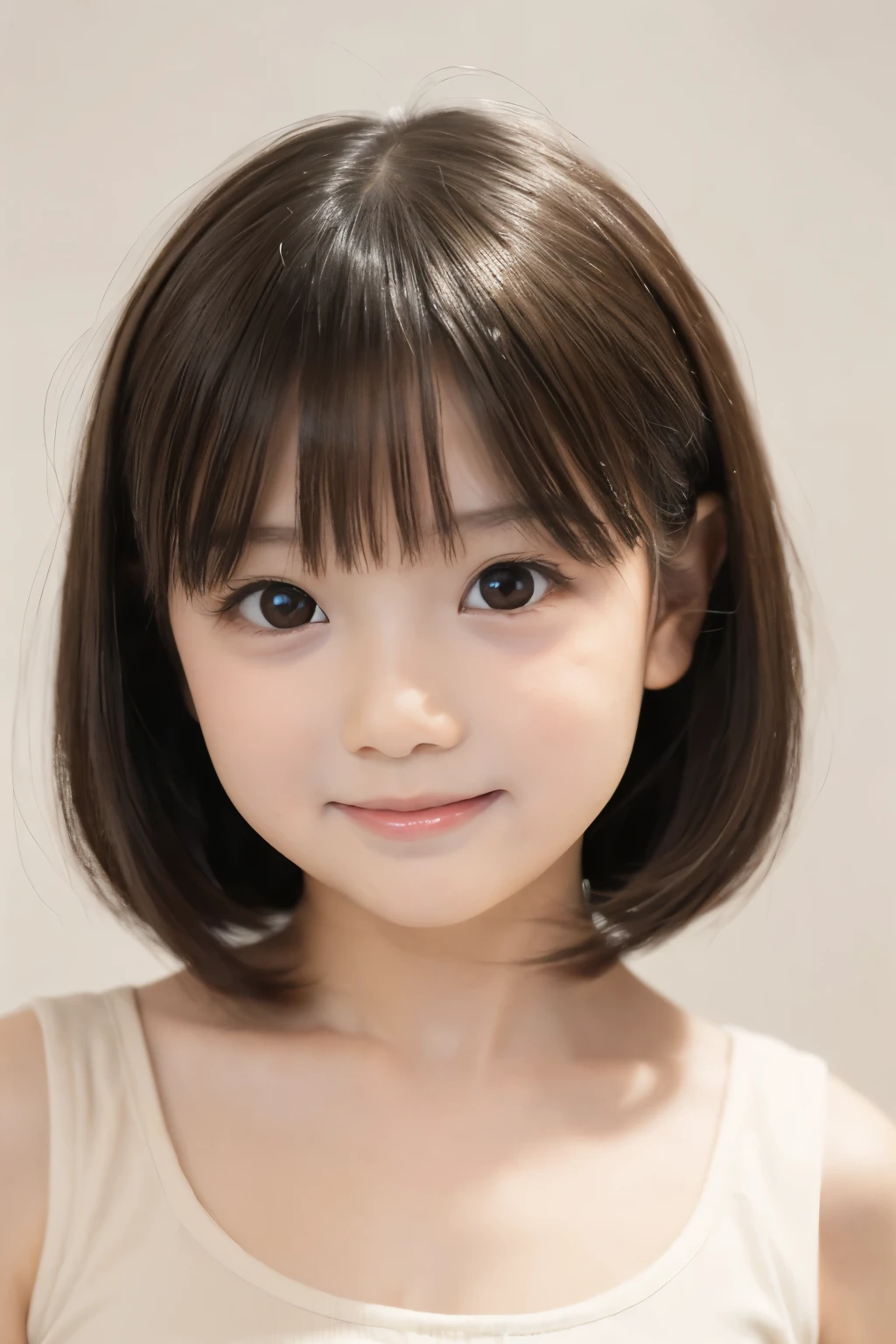 (A photo of your face:1.25), 6 , (Baby Faceound face:1.4), One Japanese woman, beautiful girl, Pretty face, (View your viewers), (Standing facing the camera), (smile), (Beige tank top)、(Pure white background:1.2)