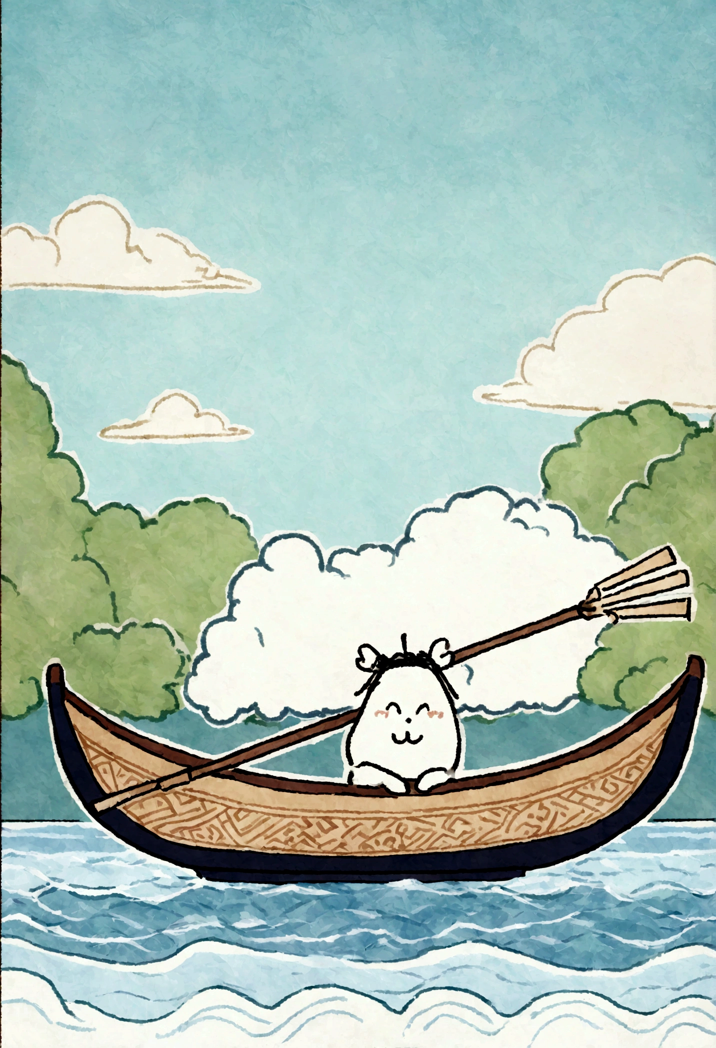 A cute and rough crayon-style doodle of a dragon boat floating on a river. The dragon boat is shown from a distant side-front view, fully visible, with traditional Chinese patterns. There are oars on both sides of the boat, but no people on it. The river has gentle waves, and the background includes green trees and blue sky with fluffy clouds.