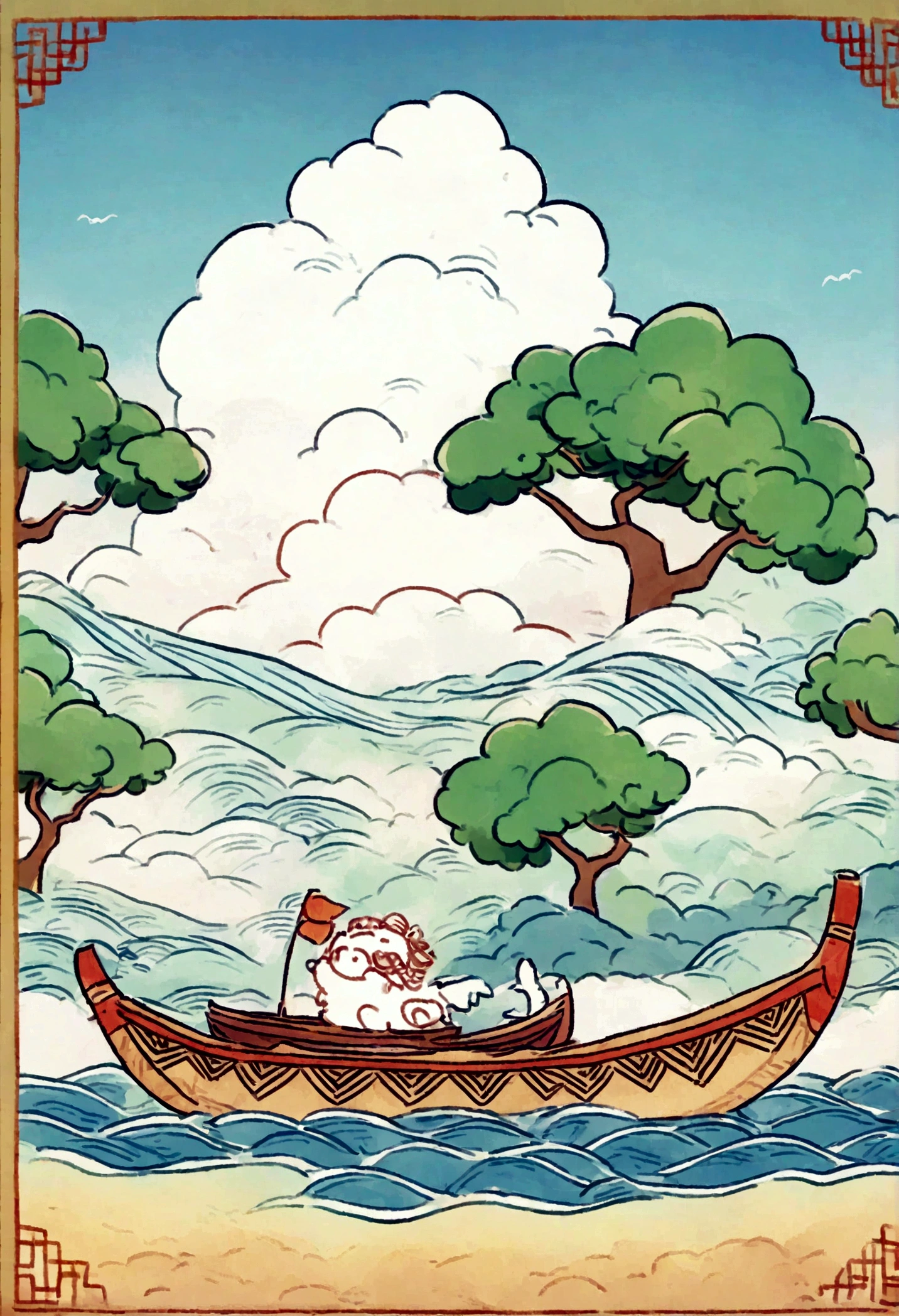A cute and rough crayon-style doodle of a dragon boat floating on a river. The dragon boat is shown from a distant side-front view, fully visible, with traditional Chinese patterns. There are oars on both sides of the boat, but no people on it. The river has gentle waves, and the background includes green trees and blue sky with fluffy clouds.