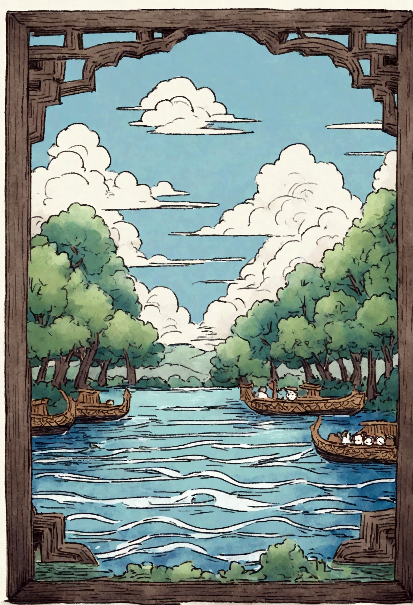 A cute and rough crayon-style doodle of a dragon boat floating on a river. The dragon boat is shown from a distant side-front view, fully visible, with traditional Chinese patterns. There are oars on both sides of the boat, but no people on it. The river has gentle waves, and the background includes green trees and blue sky with fluffy clouds.