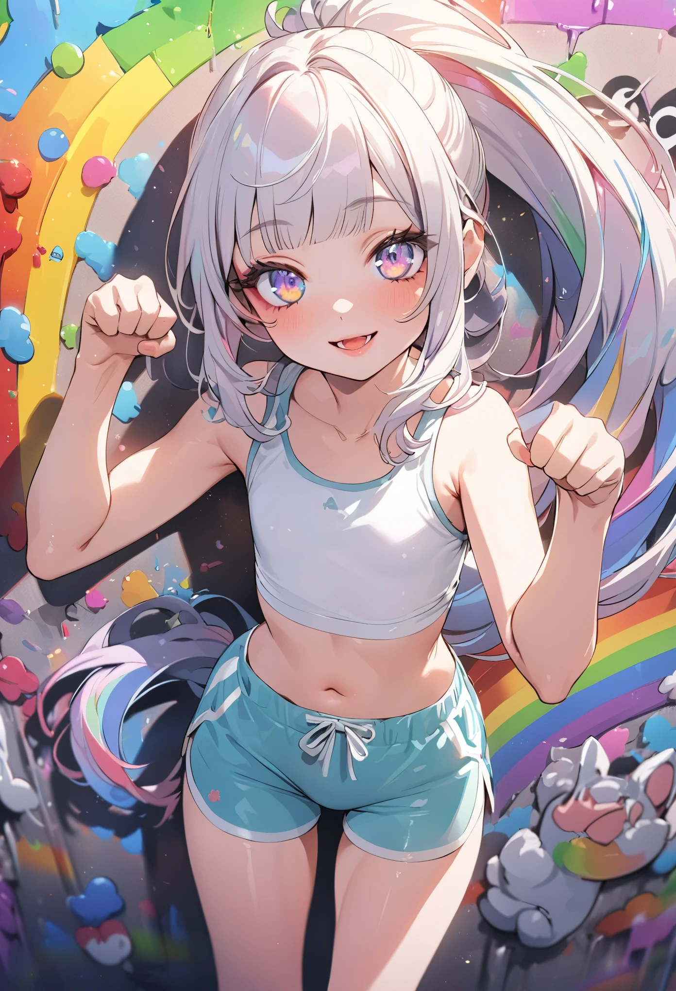 ((Masterpiece)), ((best quality)), (Anime:1.4), (super detail:1.2), (High Definition:1.3), (Professional Photography:1.3), (wide shot), (sharp focus), (perfect light), ((12 years old)), cute young Girl, (cute tanktop), bare arms, boxer shorts, unruly hair, (loose blunt bangs), pale rainbow-colored hair, ((high ponytail)), big eyes, (long eyelashes), colorful eyes, (cute smile), open mouth, ((glossy lips)), Healthy stomach, (Healthy slim body), joy, cute, (paw pose), cute makeup, ((against the rainbow-colored graffiti wall)), (rainbow colored:1.5), glitter,