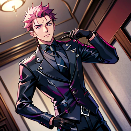 (tmasterpiece, best qualityer: 1.2), Solo, malefocus, 1boy, sukuna, tattoo_On_his_face, male, full bodyesbian, Black leather jacket, Black leather tie, leather gloves, A pink-haired, cow boy shot, 8K, super detailing, hands in a pocket, tightsuit,inside the house,