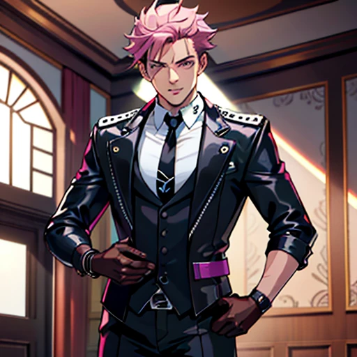 (tmasterpiece, best qualityer: 1.2), Solo, malefocus, 1boy, sukuna, tattoo_On_his_face, male, full bodyesbian, Black leather jacket, Black leather tie, leather gloves, A pink-haired, cow boy shot, 8K, super detailing, hands in a pocket, tightsuit,inside the house,