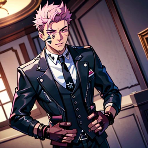 (tmasterpiece, best qualityer: 1.2), Solo, malefocus, 1boy, sukuna, tattoo_On_his_face, male, full bodyesbian, Black leather jacket, Black leather tie, leather gloves, A pink-haired, cow boy shot, 8K, super detailing, hands in a pocket, tightsuit,inside the house，