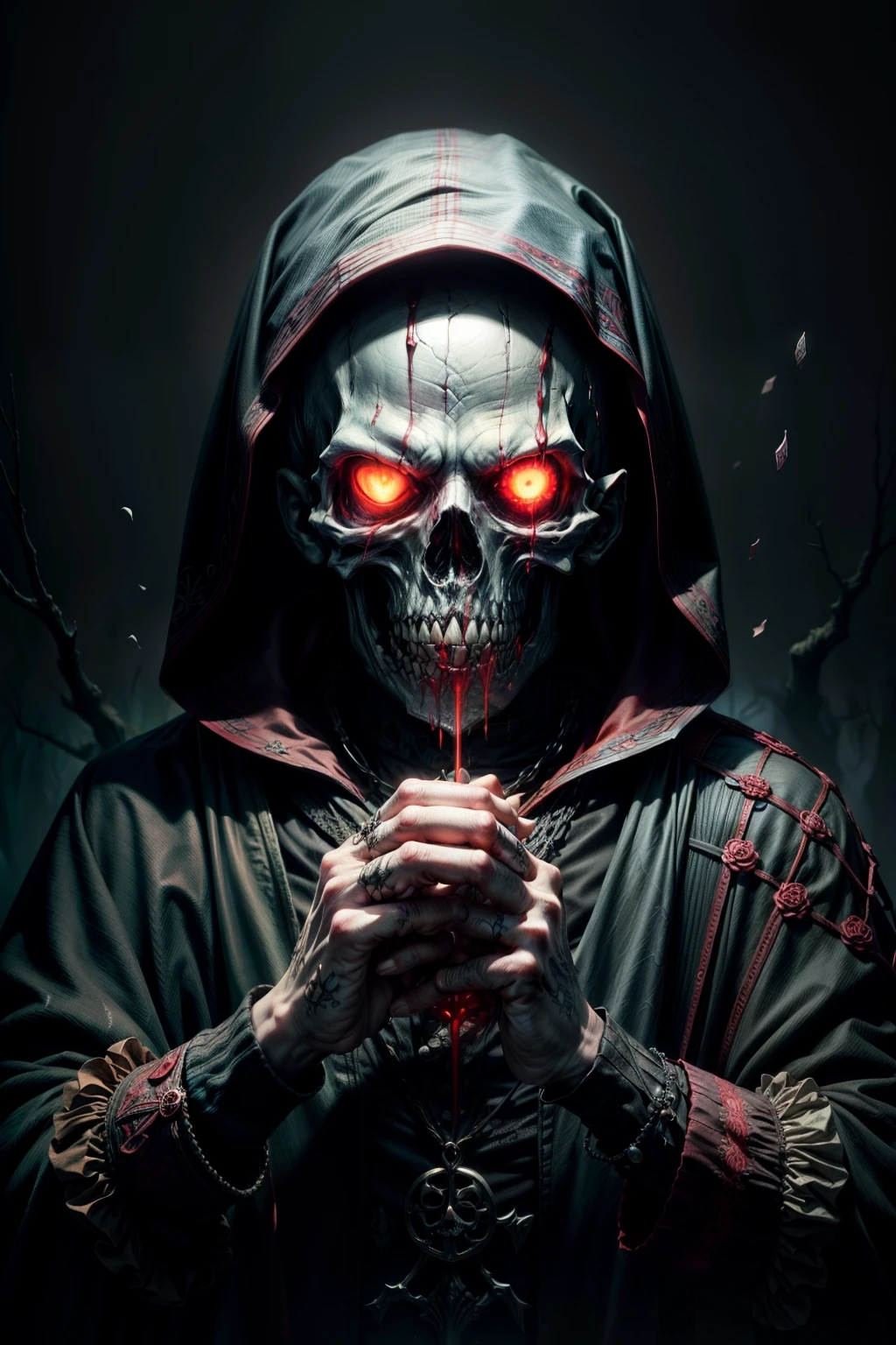 A gnarled, cadaverous hand, its skin pulled taught over knuckles that protrude like twisted roots, clutches a macabre playing card. The card, adorned with splashes of crimson and dark imagery, seems to pulse eerily in the grip of this spectral appendage, reminding the viewer of the memento mori - a chilling reminder of death's ever-present nature.