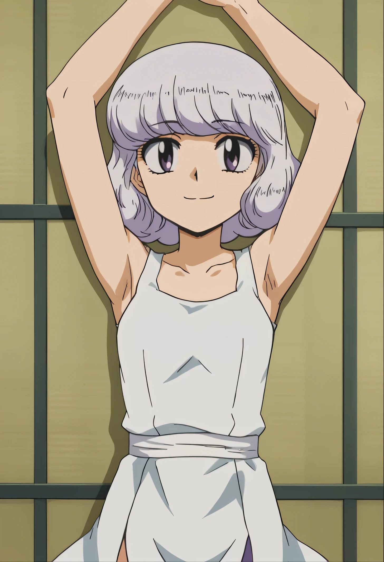anime screencap, flat shadows BREAK shiho sannomiya, looking at viewer, closed mouth, solo, lying, on back, arms up, spread arms, tatami mat, looking at viewer, best quality, portrait, smile, (cowboy shot:1.5), sleeveless,