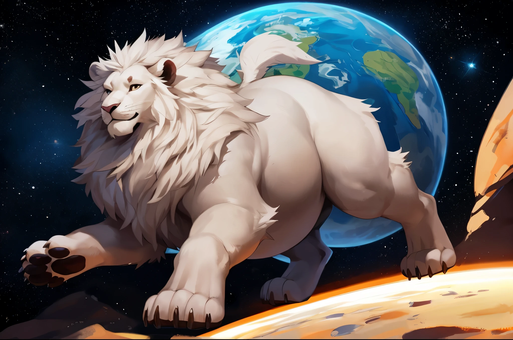 4k ultra quality, 4k full body view,(ultra high detailed body),((feral)) lion,by mystikfox61, by glitter trap boy,feral paws, by bebebebebe,by morethreedee, by seibear,(thick thigh),(chubby thigh),thicc thigh,thick legs,chubby legs,thicc legs,massive butt,enomorous thigh,massive thigh,massive legs,thick lower legs,wide legs,(detailed thigh),(wide thigh),fluffy belly sharp nails,((sfw)),(ultra detailed face),detailed eyes,big tail,fluffy tail,(detailed tail),enomorous tail,bigger tail,huge tail,volumetric light,big paws,(thick paws),fluffy paws,furry paws,enomorous paws,(feral focus), beast,(bigger lower body),(long legs),master works, super fine, 4k resolution, high quality,high picture detail,dark fantasy,illusory engine, Masterpiece,front view,faint lighting,enomorous belly,hyper (feral) belly,chubby (feral) body,on a planet,in space,pregnant belly