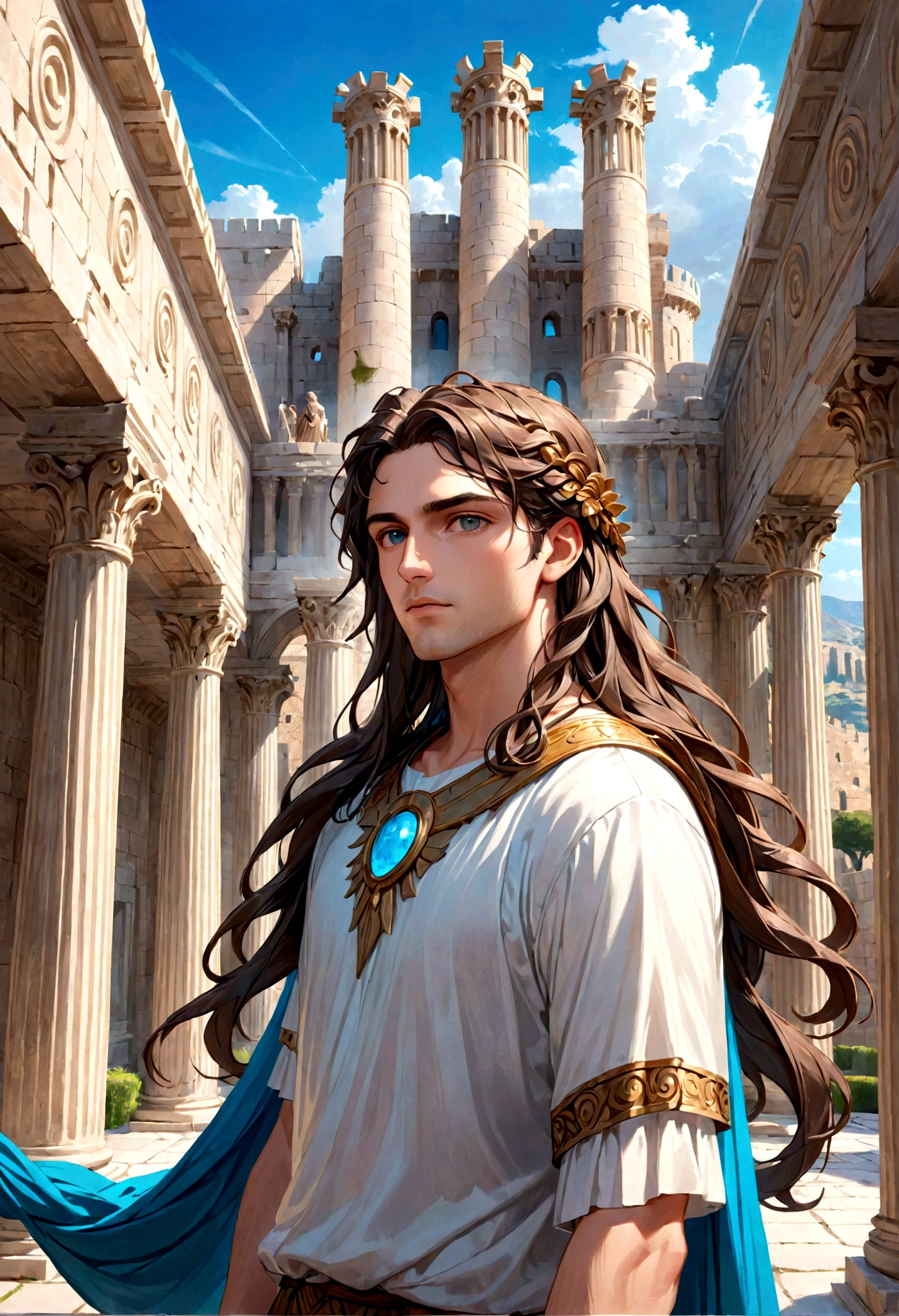 Ancient Greek god, With long wavy hair, among beautiful ancient castles and columns