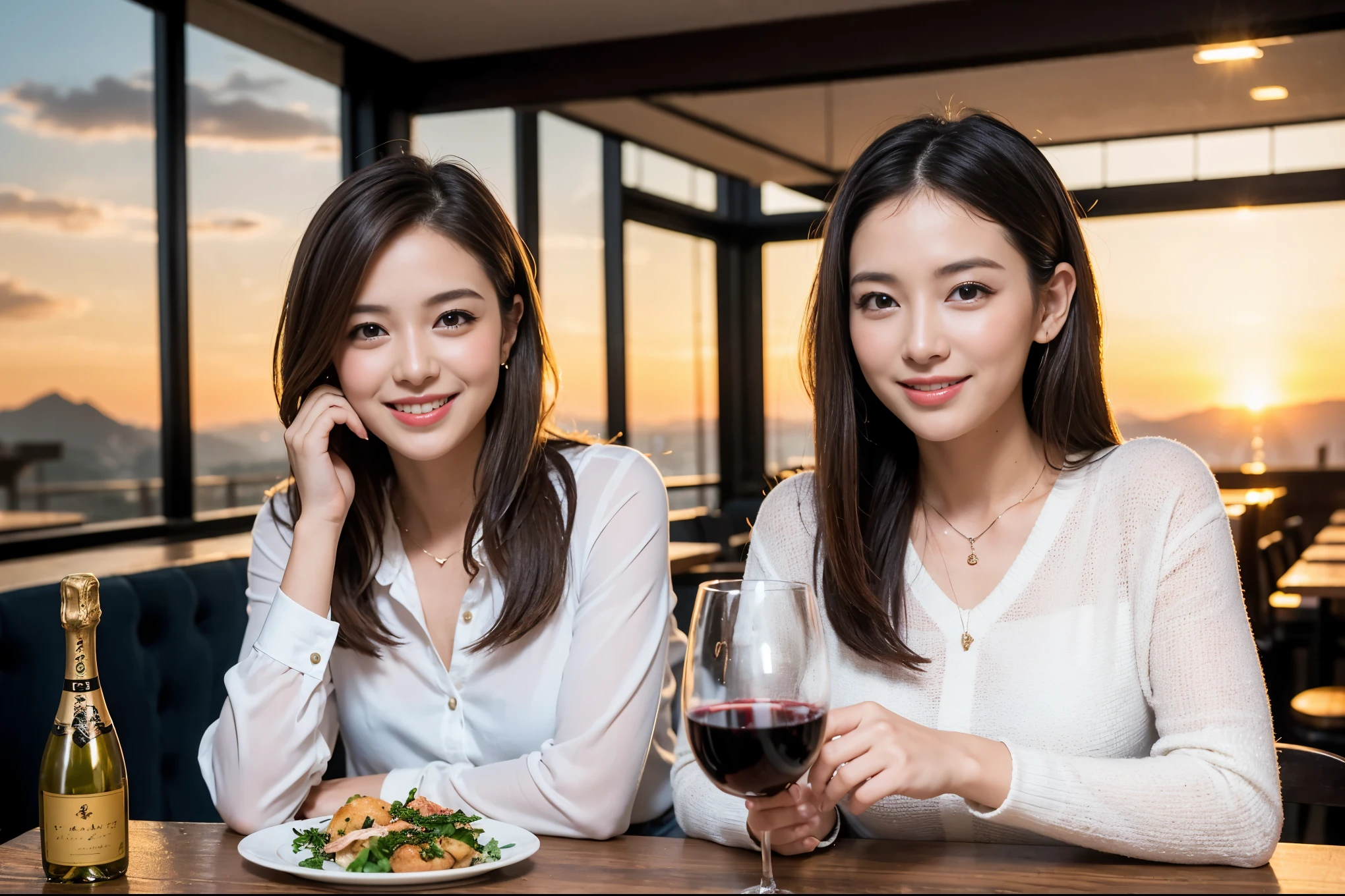 ((highest quality、8k、masterpiece:1.3))、1 male 1 female、spouse、Beautiful couple、smile、 (Slim face), (the body is スリム), (Brown Hair), (Shortcuts), ((Bob Hale、Straight hair:1.2)), Wine glass on the table、Please shine a light on my face、 Amazing view of the sunset sky and clouds、Amazing mountain views、The beauty of a smile、Bright image、Blushing, Shortcuts,Bright Face、 (42 years old), 39 years old, red wine 、Appetizers、Italian food、Wine bottle、Champagne、sparkling wine、Long sleeve shirt、dress、Attractive beauty、restaurant, Nova Frog Style, actress, model, Upper Body, White wine, red wine, wine glass,