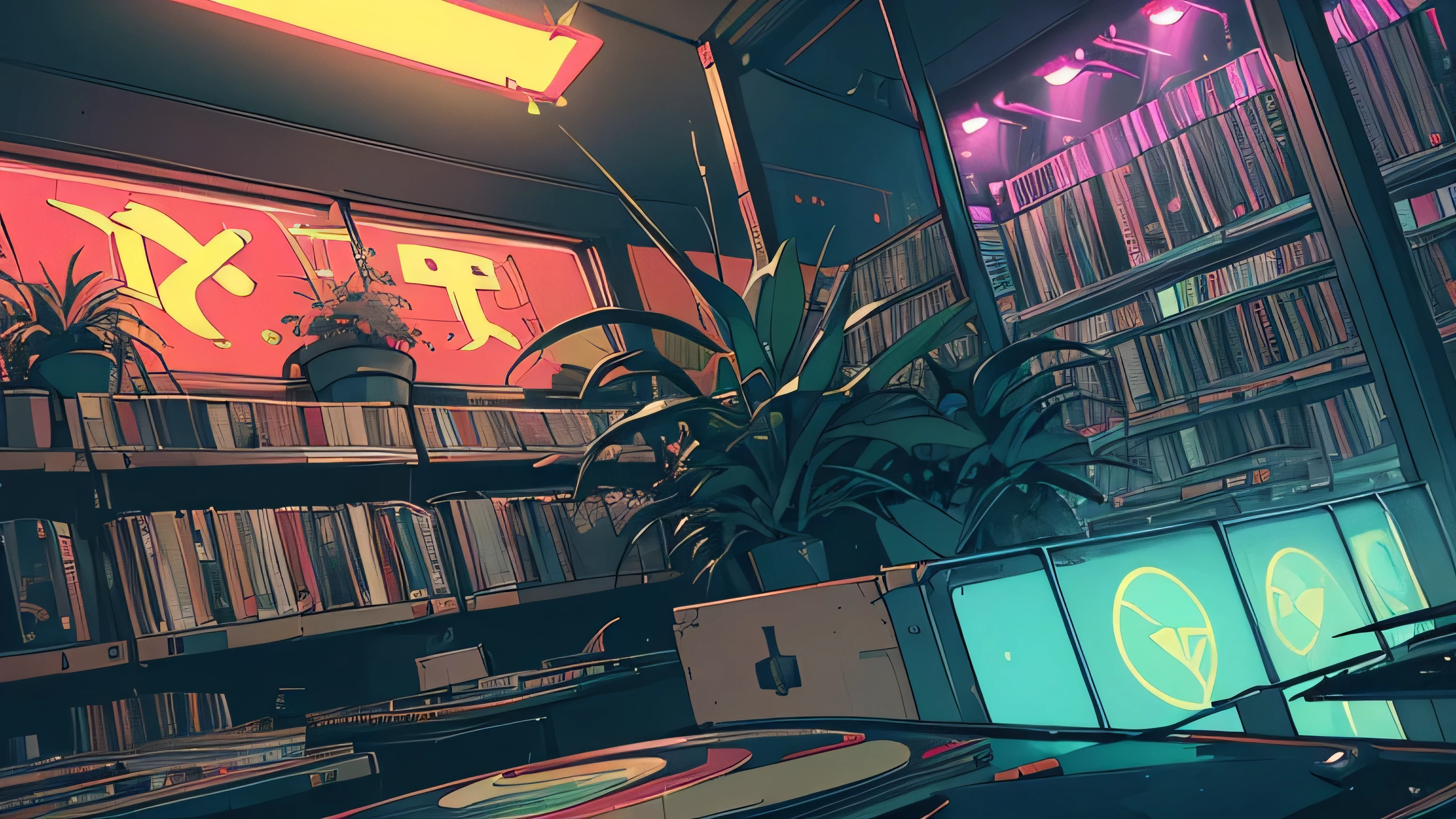 extreme quality, masterpiece, unity 8k wallpaper, depth of field, ultra detailed, (((unattended))), (((record store))), nostalgia, panorama, long shot, (((records on the shelves.))),  (((Various angles))),(((Plants))), (((cyberpunk))),  (((neon))),(((front view))),(((Night))), (((straight-on))),  (((large window)))