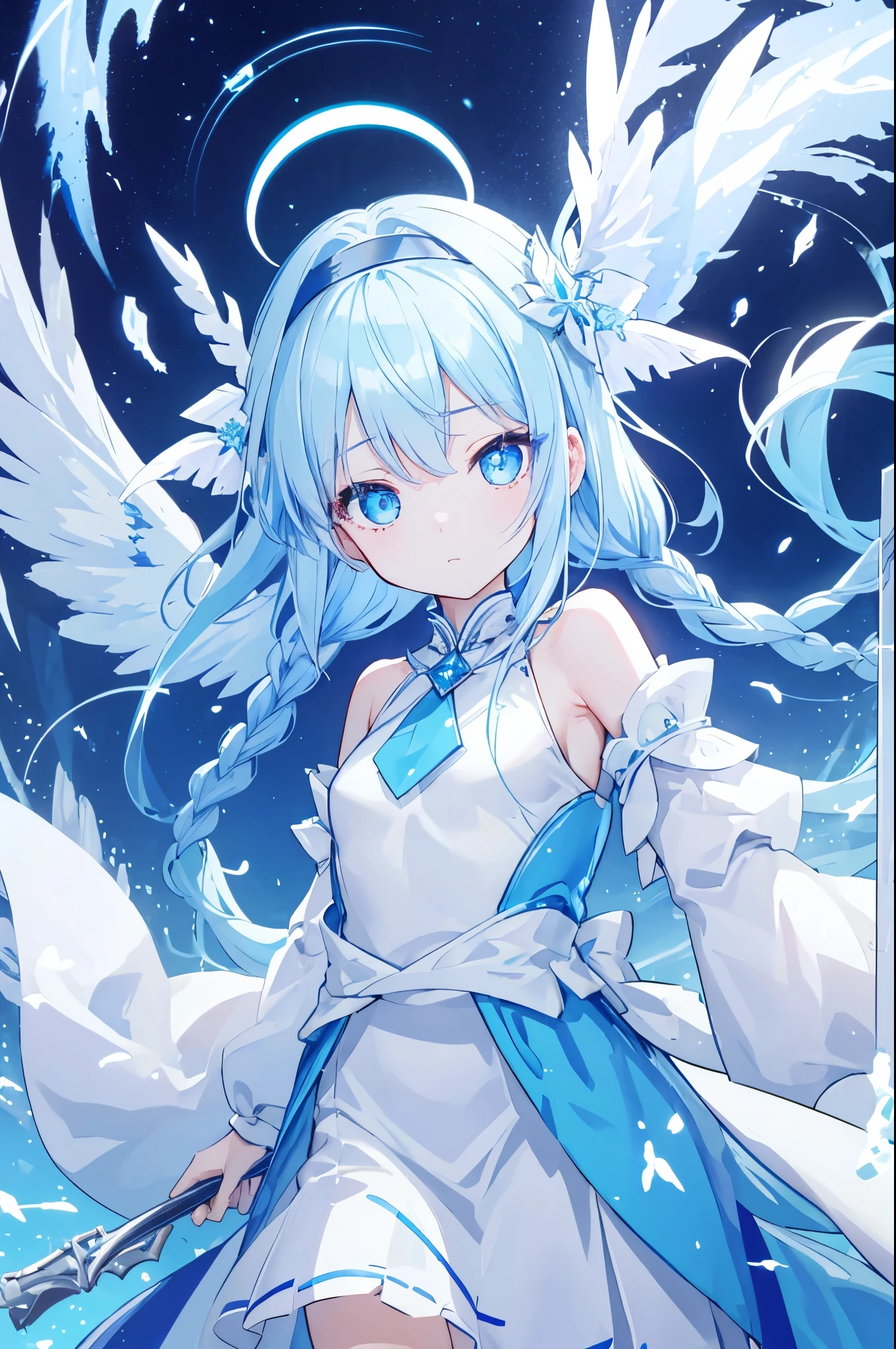 12 year old girl,Double horns on the top of the head、Feather Dragon Horn、blue hair、White Dress、blue eyes、Gem Eyes、Clear blue sky,ice Queen,ice Pole,巨大的ice山,Gauze skirt,ice花,ice,(头上有很多ice屑:10),sloppy,Weak、detailed、Beautiful composition、Wind、Headband、Dragon Lady、Light blue eyes、Small Breasts、Very beautiful dress、Tie at the waist、Hair accessories、装飾の多いHair accessories、Single Braid、Put your hair on your shoulders