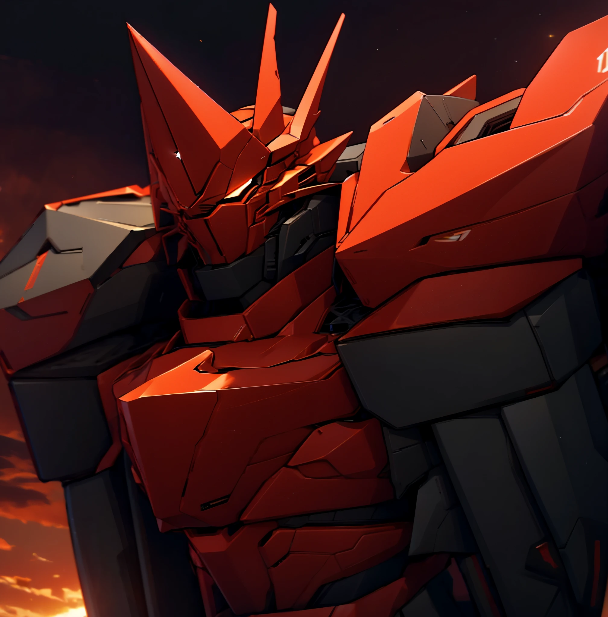 Robot, red mono eye, red body, high quality, golden horns on head, heavily armored,Robot, red mono eye, red body, high quality, golden horns on head, heavily armored, reddish-black shoulders, arm armor is an austere shade, sunset background,