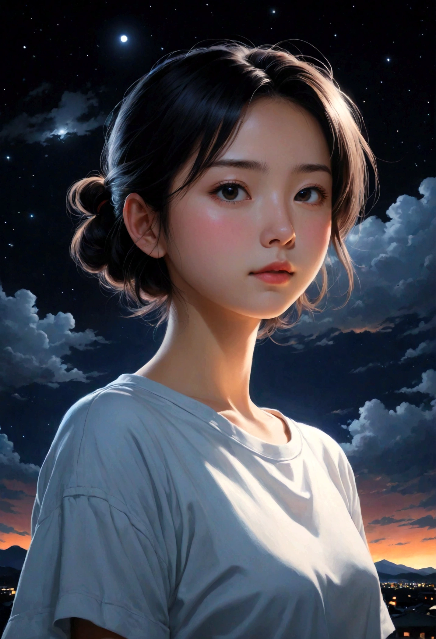 girl in light clothing, style artist oyari ashito, against the night sky, night, portrait, satisfaction, enjoyment, dark exposure, bright colors, the highest quality, the highest detail, first-person view, dark tones, clouds,