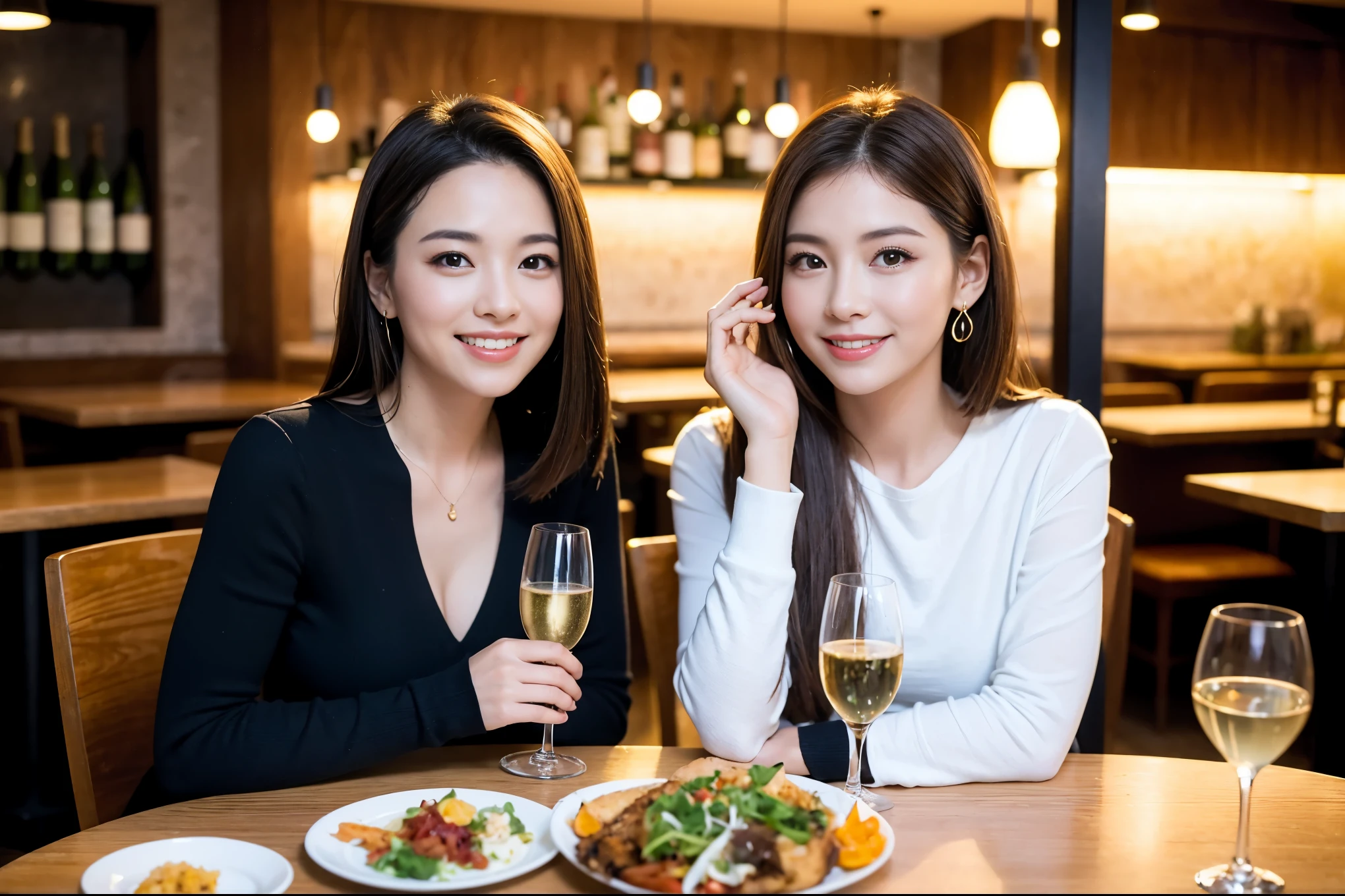 ((highest quality、8k、masterpiece:1.3))、1 male 1 female、spouse、Beautiful couple、smile、 (Slim face), (the body is スリム), (Brown Hair), (Shortcuts), ((Bob Hale、Straight hair:1.2)), Wine glass on the table、Please shine a light on my face、 Amazing view of the sunset sky and clouds、Amazing mountain views、The beauty of a smile、Bright image、Blushing, Shortcuts,Bright Face、 (42 years old), 39 years old, red wine 、Appetizers、Italian food、Wine bottle、Champagne、sparkling wine、Long sleeve shirt、dress、Attractive beauty、restaurant, Nova Frog Style, actress, model, Upper Body, White wine, red wine, wine glass, 