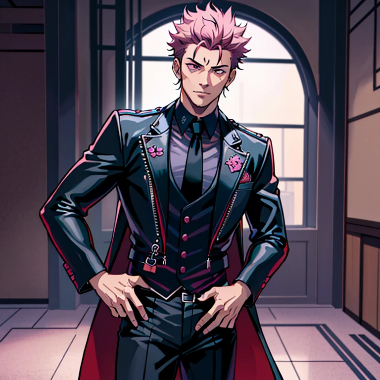 (tmasterpiece, best qualityer: 1.2), Solo, malefocus, 1boy, sukuna, tattoo_On_his_face, male, full bodyesbian, Black leather jacket, Black leather tie, leather gloves, A pink-haired, cow boy shot, 8K, super detailing, hands in a pocket, tightsuit,inside the house,