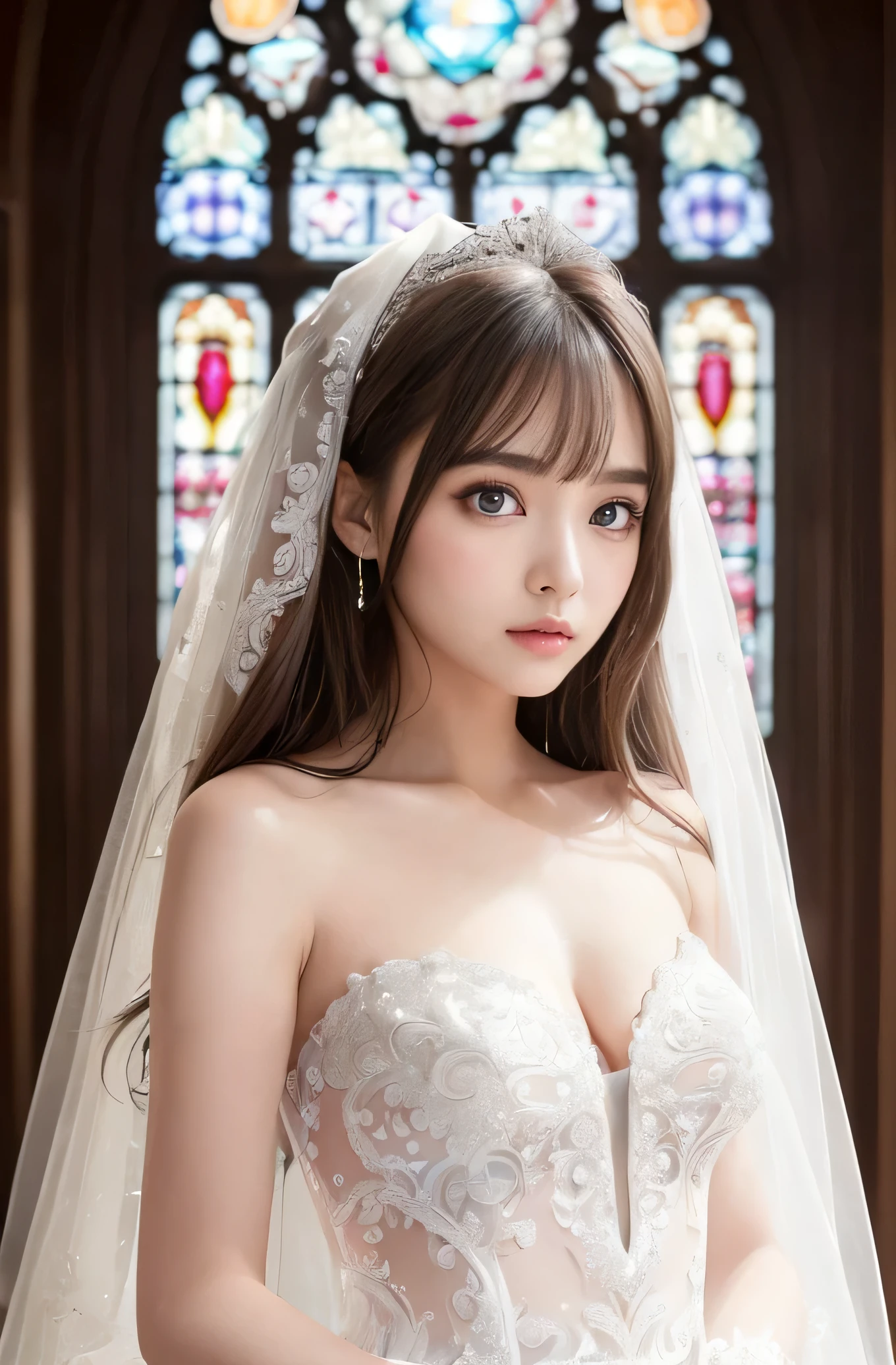 Angelic Very beautiful cute girl,
Beautiful detailed eyes,
Detailed double eyelids,
(Large eyes:1.4),
Long straight brown hair,
see-through bangs,
Sharp Focus,small straight nose,
beautiful detailed face and eyes,
(clear-eyed:1.3),
(Soft Saturation: 1.3), (Fair skin: 1.2),brown eyes,BREAK (hyper gorgeous and very beautiful shiny pure white wedding dress :1.5),(designer brand wacky beautiful dress:1.3),
Costume lighting,(body shot:1.2),standing ,church ,very beautiful stained glass window