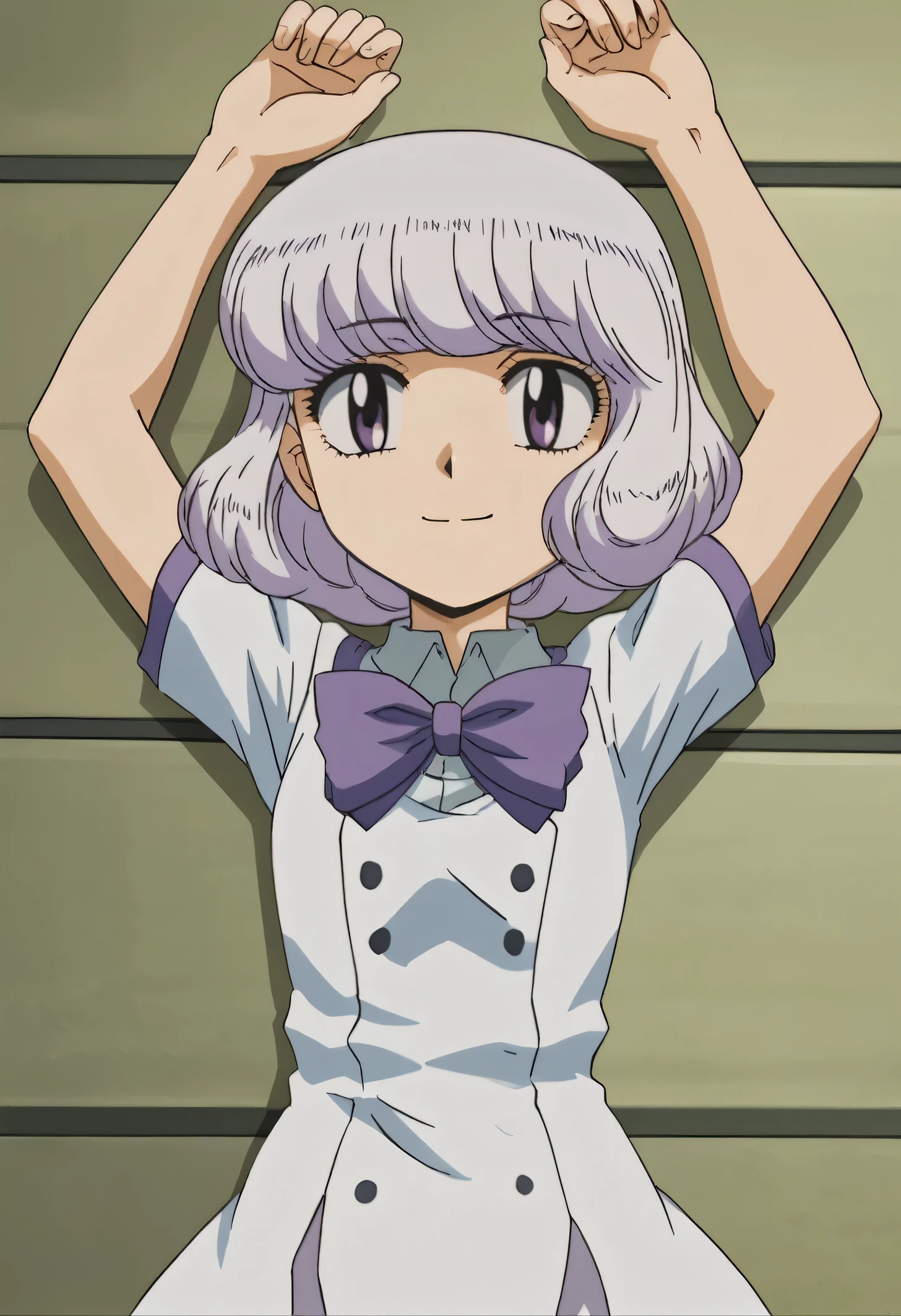 anime screencap, flat shadows BREAK shiho sannomiya, looking at viewer, closed mouth, solo, lying, on back, arms up, spread arms, looking at viewer, best quality, portrait, smile, (cowboy shot:1.5)