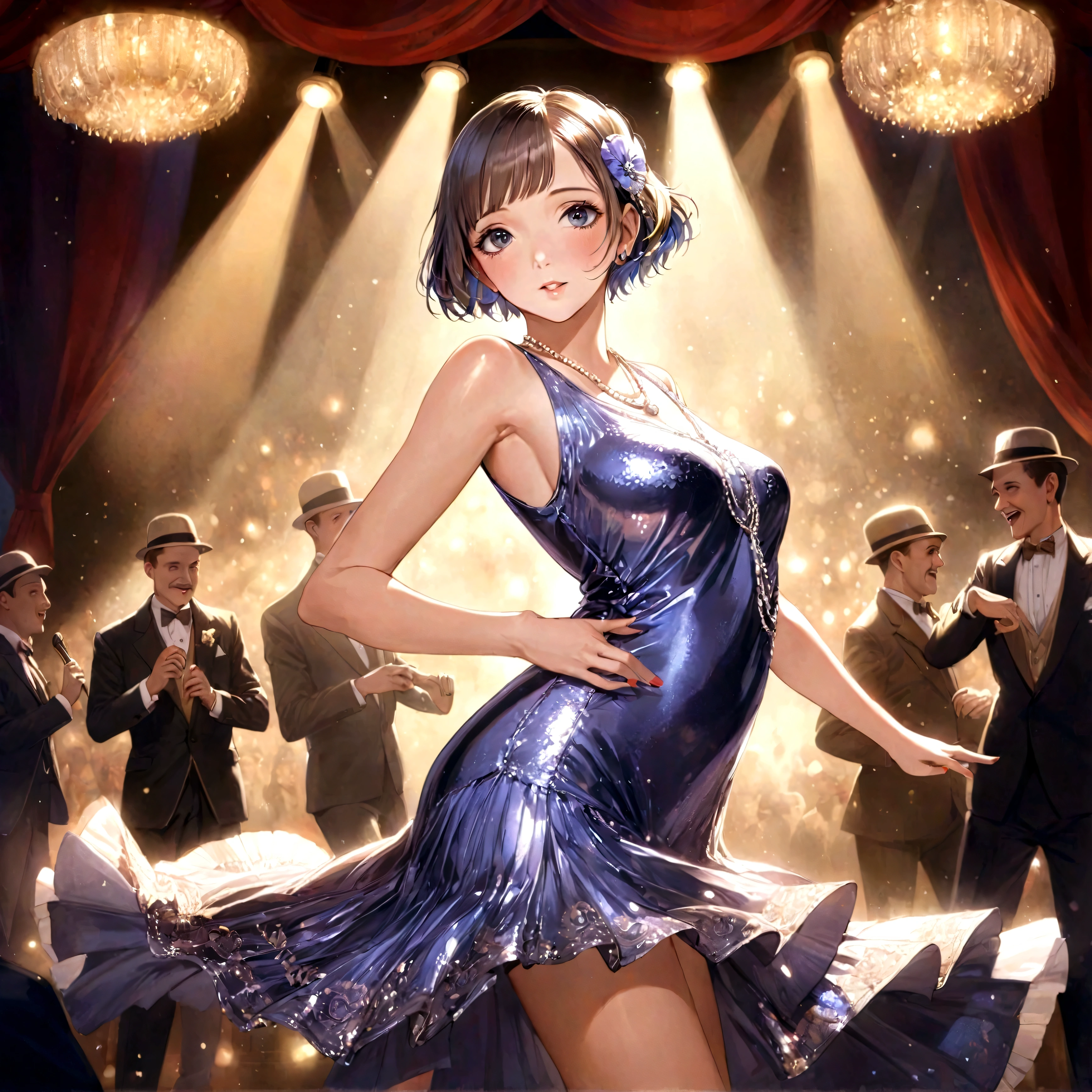 a woman dancing the charleston on a stage, flapper style, shiny sequin dress, 1920s jazz band playing, elegant ballroom, high quality, detailed, photorealistic, warm lighting, dynamic composition, beautiful detailed face and eyes, long eyelashes, glamorous, dramatic, vibrant colors, dramatic lighting
