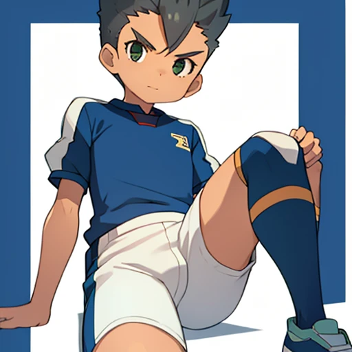 Kid boy, ************ boy, wear football uniform, open widely leg, sit pose, front , football pant, crotch bulge