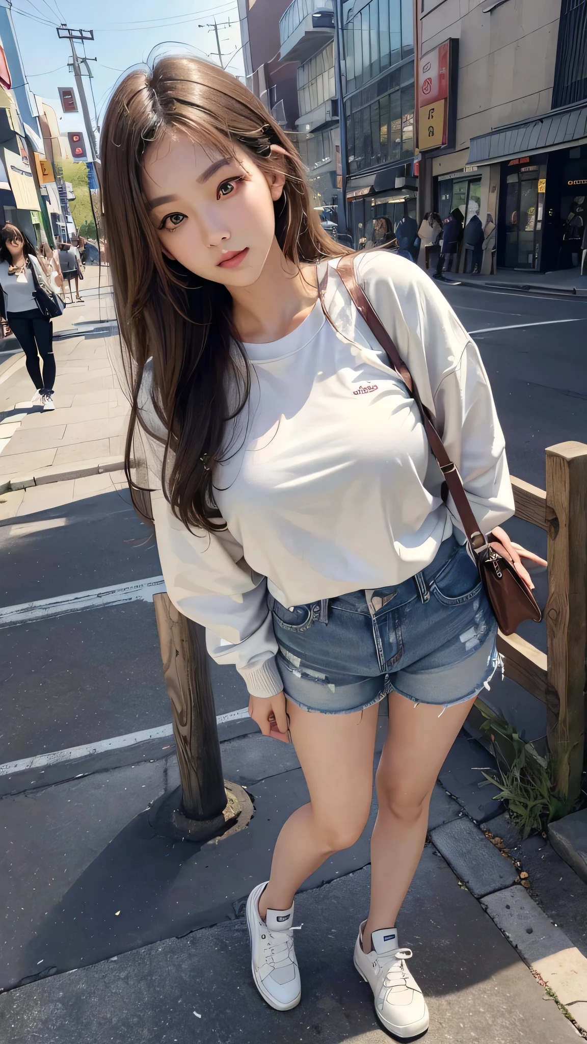 masterpiece, best quality, (photorealistic) 1 girl, full body shot, (170cm tall), , (wearing Outfit: Oversized sweatshirt, denim shorts, and chunky sneakers), slight athleticism in body shape, long blonde waist-length hair, detailed face, medium breasts, medium ass, medium hips, wide legs, random background, Japanese-Korean ethnicity, facing viewer, (facial structure is a well-defined jawline from Korean heritage with softer, rounder facial features from Japanese lineage), (eye shape is a mix of shapes, potentially larger and rounder eyes with double eyelids common in Korean beauty standards, along with the almond shape often seen in Japanese features), brown eyes, (a nose with a moderately defined bridge, combining the higher bridge common in Korean features with the more subtle profile seen in Japanese features), (skin tone could vary, a lighter tone potentially blending the yellow or olive undertones often seen in Korean skin with the lighter, sometimes pinkish undertones associated with Japanese skin), flirty smile.
