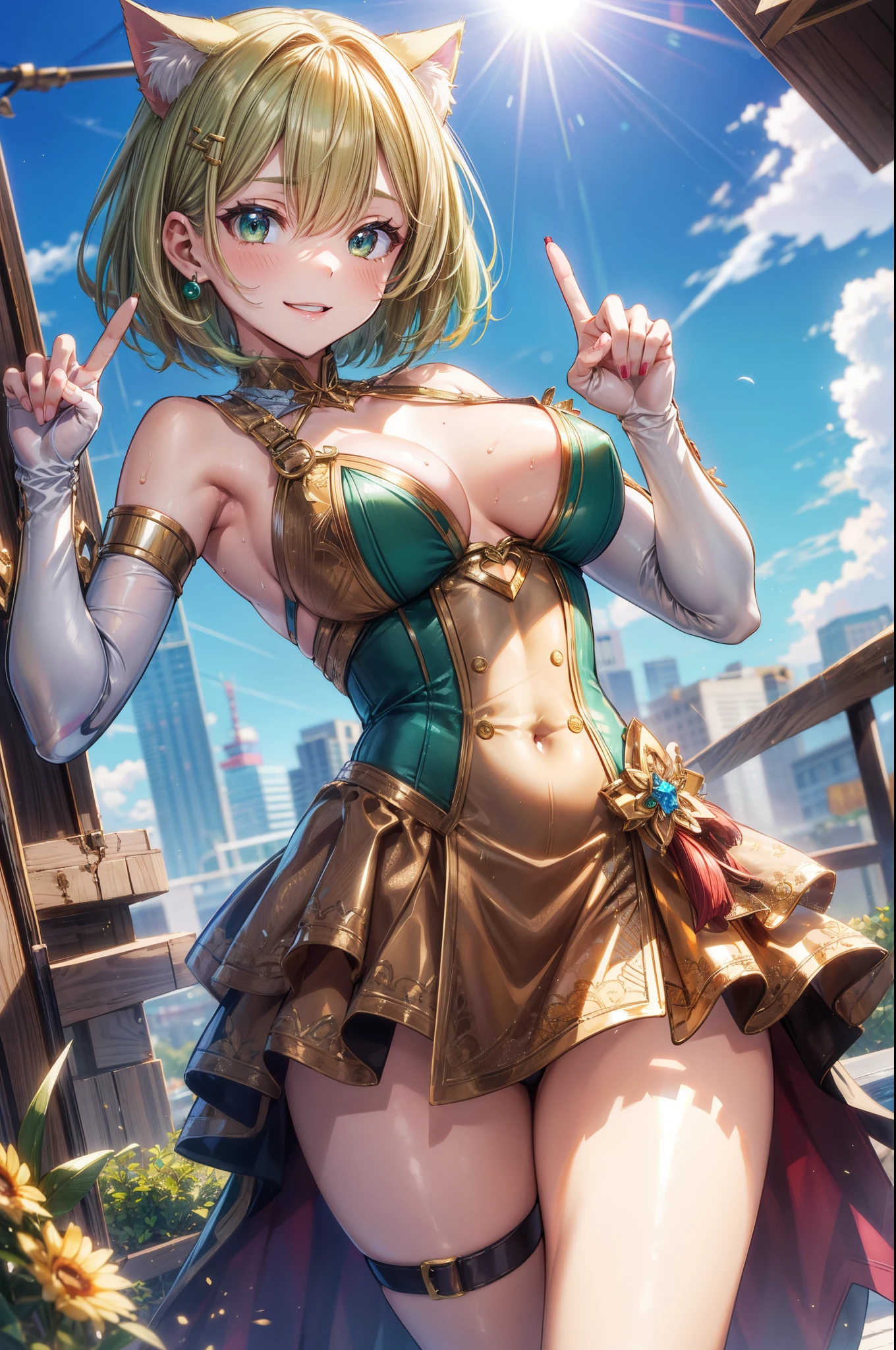 ((Sexy Dress)), break, short hair, ((green hair1.5)), (cat ears a green), bob cut, (((4 defined fingers))), (((1 defined thumb))), (looking at viewer), break, sexy, ((solo)), (1 cute girl), ((highest quality)), ((masterpiece)), (familiar), skindentation, perfect face, 8k , break, black eye, medium breasts, perfect limbs, (visible nipples:0.9), (camel toe:0.5), sexy, (sexy pose), (dutch angle), from below, dynamic pose, deltamon, Sunny weather, ((metallic costume)), (Smile),