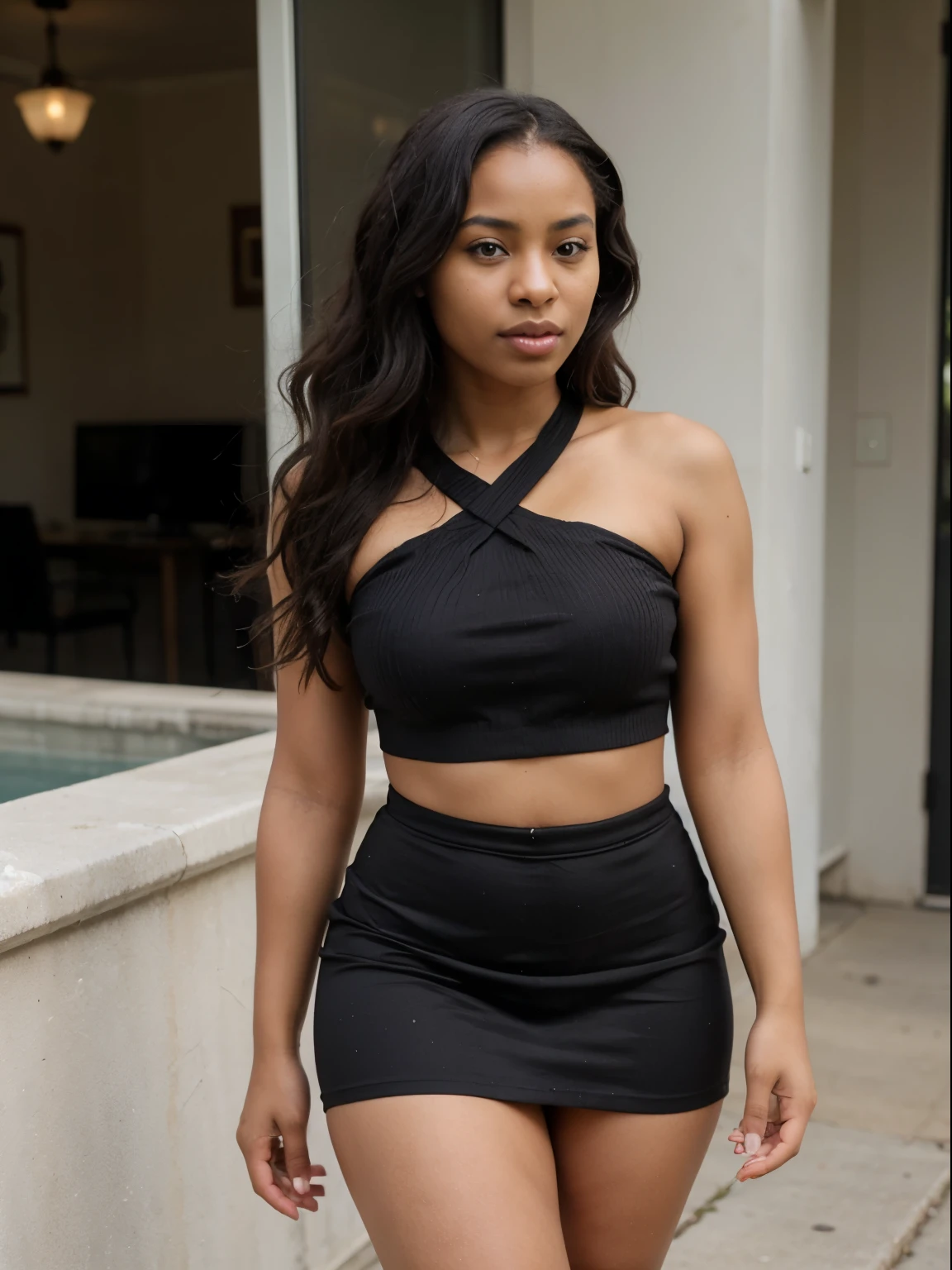 african girl, black ethnicity, wearing skirt and top, wavy hair , thick girl,sexy photo,