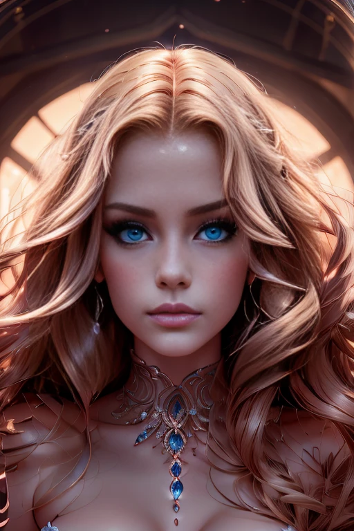 ((face close up))((Magnificent, celestial)) ((tall beautiful celestial female angel)) ((Big bright blue eyes)), ((dark eyeshadows make up)) ((bright red lipstick)), ((with seductive gaze)) ((joyful smile))((very long light blonde hair))((cleavage:1.5)) ((halo of light and gold over her head, big gold feathers wings)) ((glowing magic sparks particles floating around))((with black sky background and white light reflectors on her)), ((high definition:1.5), ((amazing lights and shadows)) ((masterpiece:1.5))((8k:1.5)) ((Best quality:1.4))