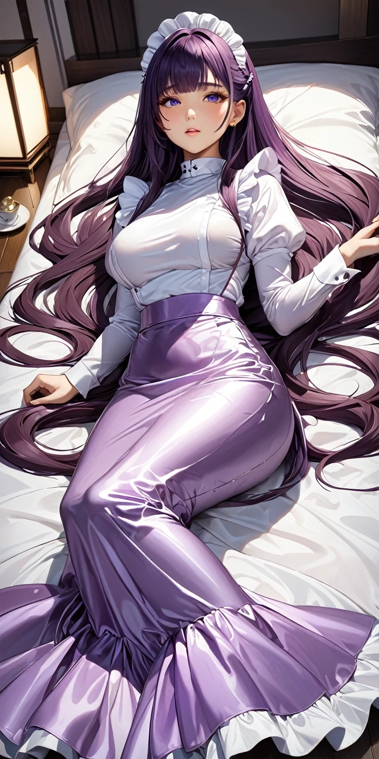 (masterpiece,highest quality,超A high resolution),Japanese women, (((Very beautiful 25 year old girl))), pretty girl、The maid uniform completely covers the whole body...、(Shiny light purple long sleeve maid dress)、High neck maid shirt、Satin-wrapped breasts、Mermaid-style long skirt、Super glossy satin