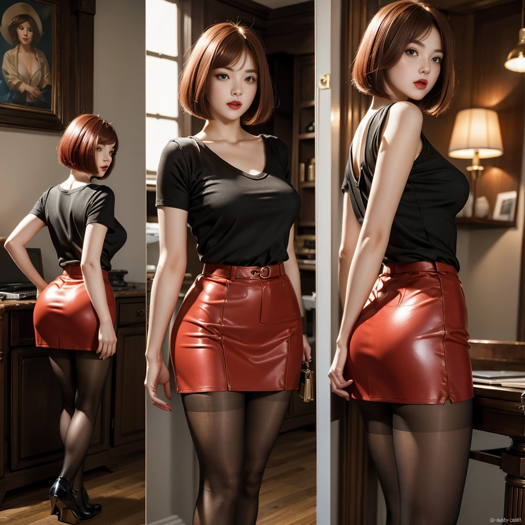 (best quality, ultra detailed, photorealism, RAW quality), a vintage pin-up woman in pantyhose, beautiful face, bob cut, red hair, miniskirt, top.