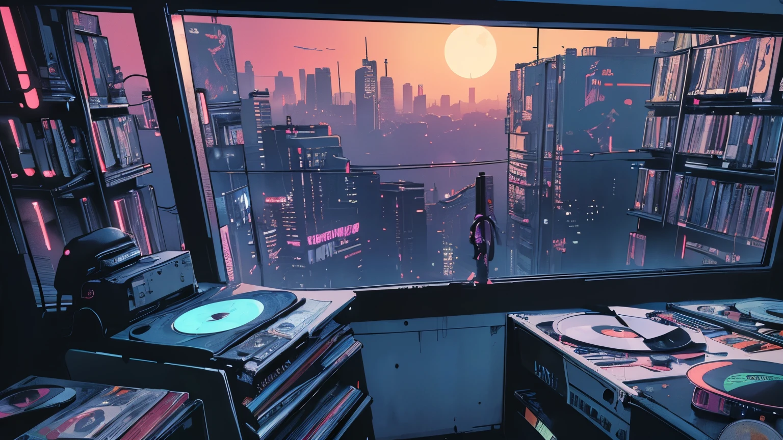 extreme quality, masterpiece, unity 8k wallpaper, depth of field, ultra detailed, (((unattended))), (((record store))), nostalgia, panorama, long shot, (((records on the shelves.))), (((Various angles))), (((cyberpunk))), (((neon))),(((front view))),(((Night))), (((straight-on))), (((large window)))