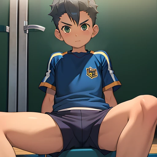  boy, 12 y, shirtless, open widely leg, sit pose, front , football pant, crotch bulge