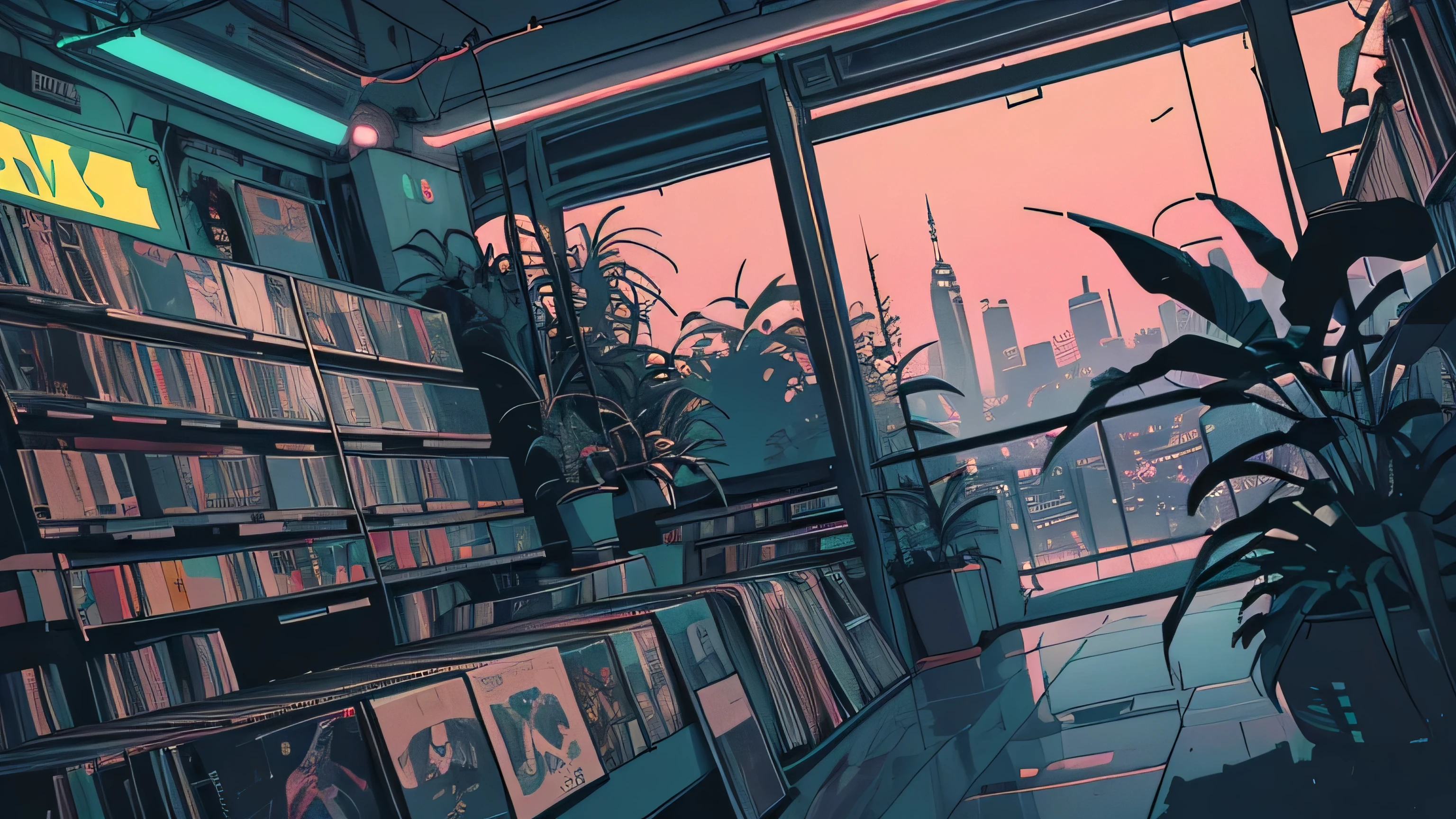 extreme quality, masterpiece, unity 8k wallpaper, depth of field, ultra detailed, (((unattended))), (((record store))), nostalgia, panorama, long shot, (((records on the shelves.))), (((Various angles))),(((Plants))), (((cyberpunk))), (((neon))),(((front view))),(((Night))), (((straight-on))), (((large window)))