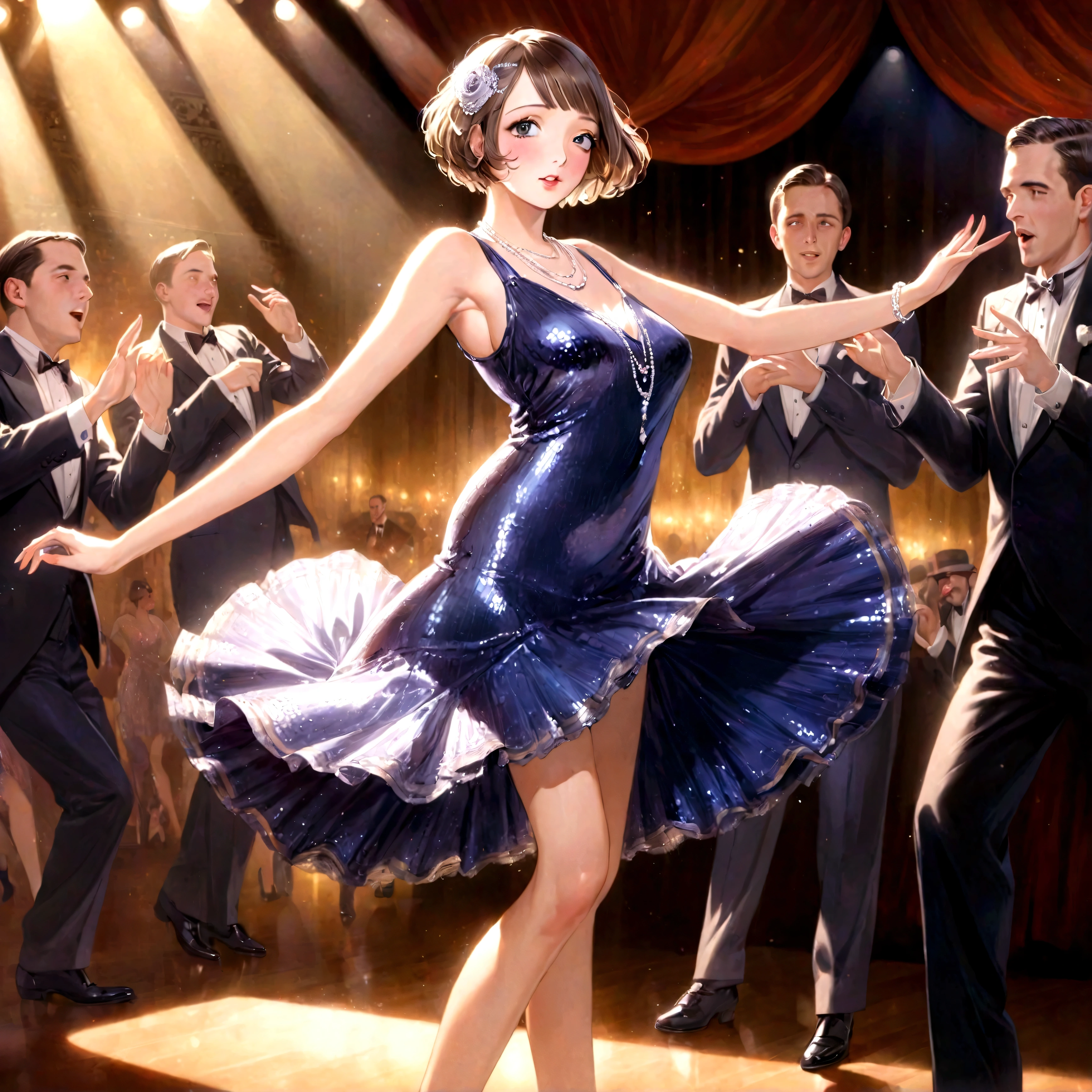 a woman dancing the charleston on a stage, flapper style, shiny sequin dress, 1920s jazz band playing, elegant ballroom, high quality, detailed, photorealistic, warm lighting, dynamic composition, beautiful detailed face and eyes, long eyelashes, glamorous, dramatic, vibrant colors, dramatic lighting