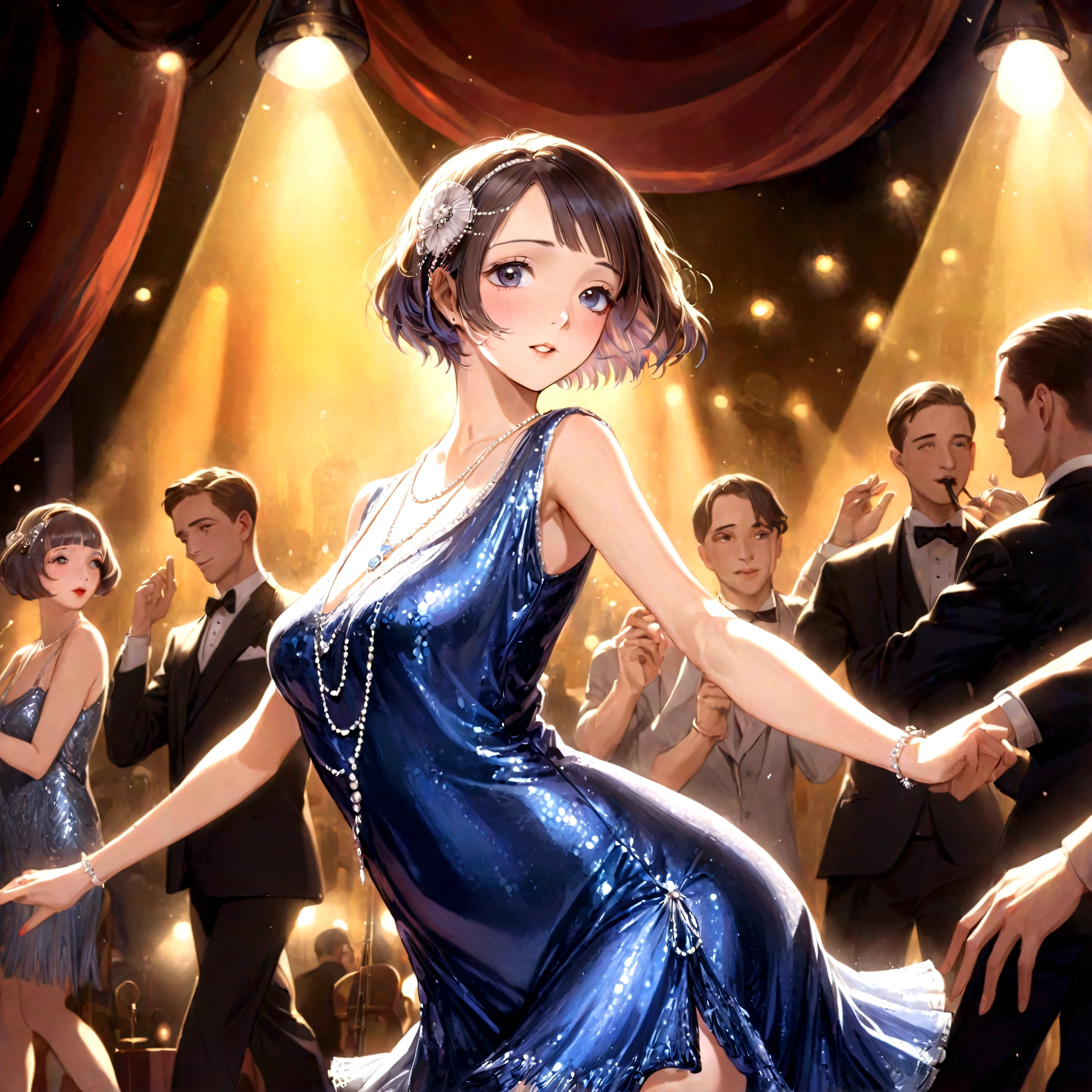 a woman dancing the charleston on a stage, flapper style, shiny sequin dress, 1920s jazz band playing, elegant ballroom, high quality, detailed, photorealistic, warm lighting, dynamic composition, beautiful detailed face and eyes, long eyelashes, glamorous, dramatic, vibrant colors, dramatic lighting
