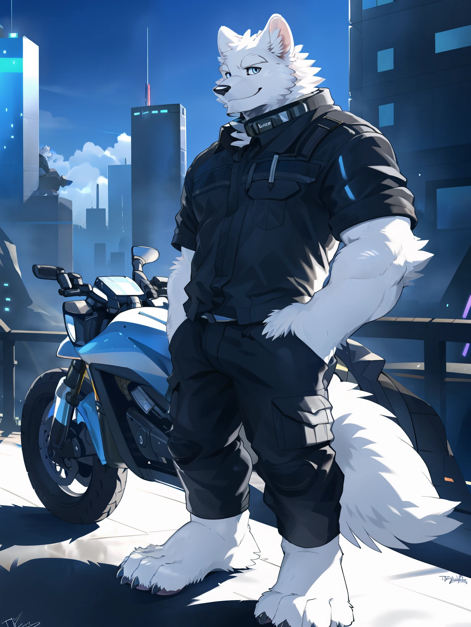 ((all white fur:1.5)), solo, Perfect sky blue eyes, Spike Collar, (artist:Takemoto Arashi), Mature face, elder, longeyelashes, Wearing actical functional work colthing|Black pants, ((Thin and tall figure)), (The back of the character), Leaning next to the motorcycle, City night background, barefoot, fang out, Smile evilly, Cyberpunk, first-person view, from side, atmospheric perspective, super detail, high details, 8k