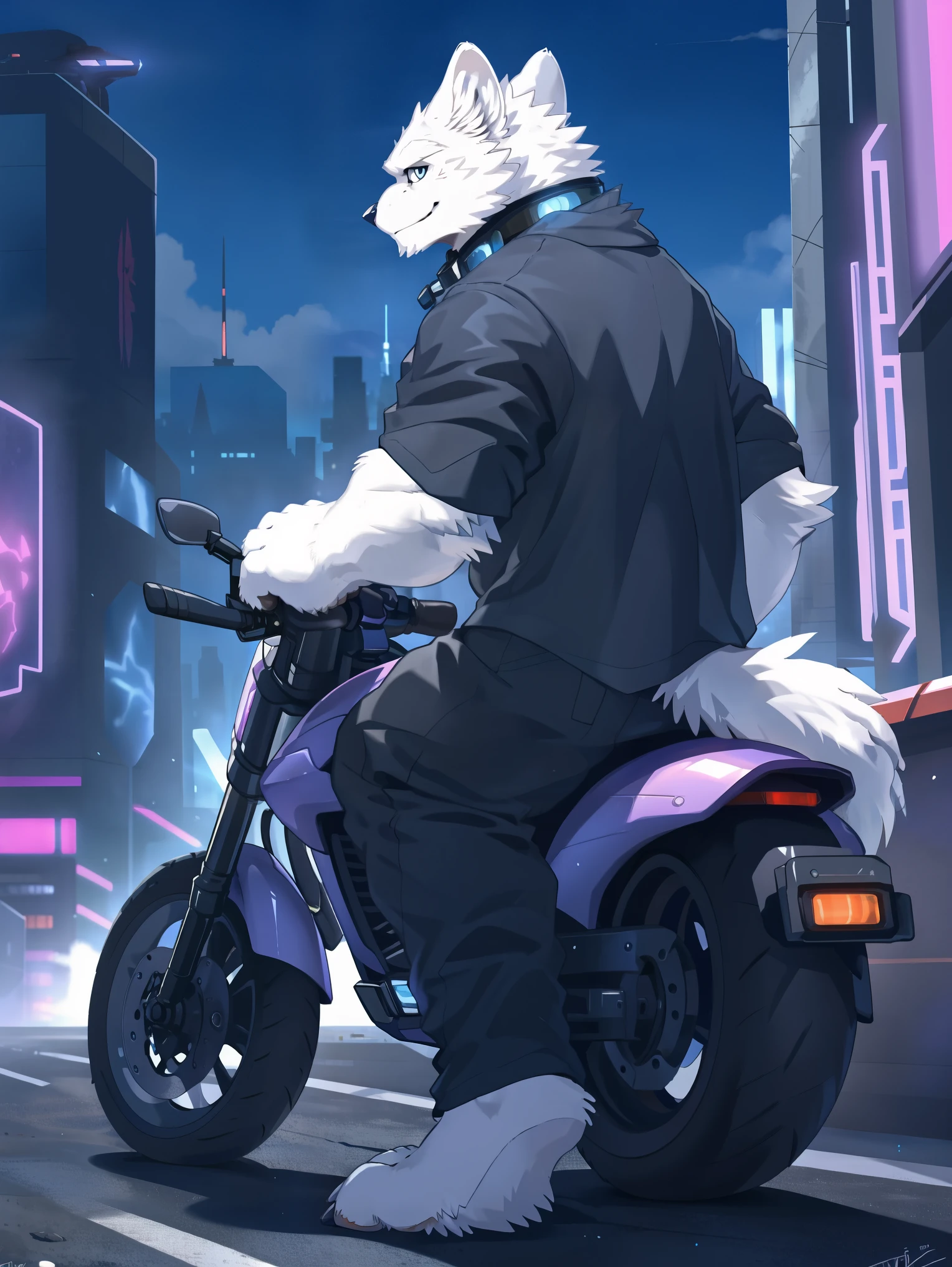 ((all white fur:1.5)), solo, Perfect sky blue eyes, Spike Collar, (artist:Takemoto Arashi), Mature face, elder, longeyelashes, Wearing actical functional work colthing|Black pants, ((Thin and tall figure)), (The back of the character), Leaning next to the motorcycle, City night background, barefoot, fang out, Smile evilly, Cyberpunk, first-person view, from side, atmospheric perspective, super detail, high details, 8k