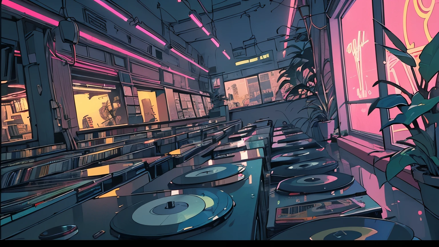extreme quality, masterpiece, unity 8k wallpaper, depth of field, ultra detailed, (((unattended))), (((record store))), nostalgia, panorama, long shot, (((records on the shelves.))), (((Various angles))),(((Plants))), (((cyberpunk))), (((neon))),(((front view))),(((Night))), (((straight-on))), (((large window)))