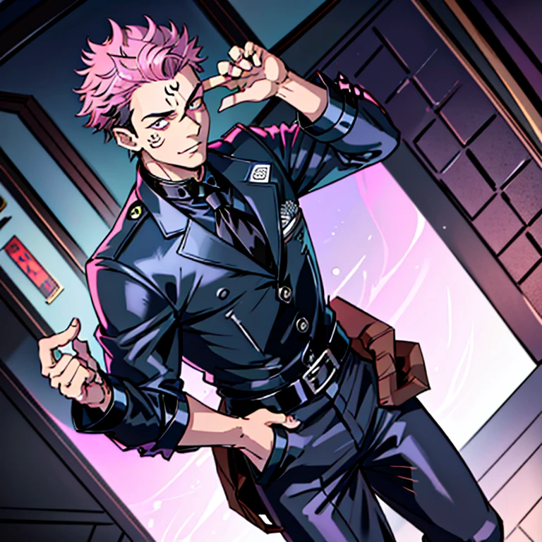 (masterpiece, best quality: 1.2), Solo, male focus, 1boy, sukuna, tattoo_On_his_face, male, full bodyesbian, Black leather jacket, Black leather tie, leather gloves, A pink-haired, cow boy shot, 8K, super detailing, hands in a pocket, tight suit, inside the house,