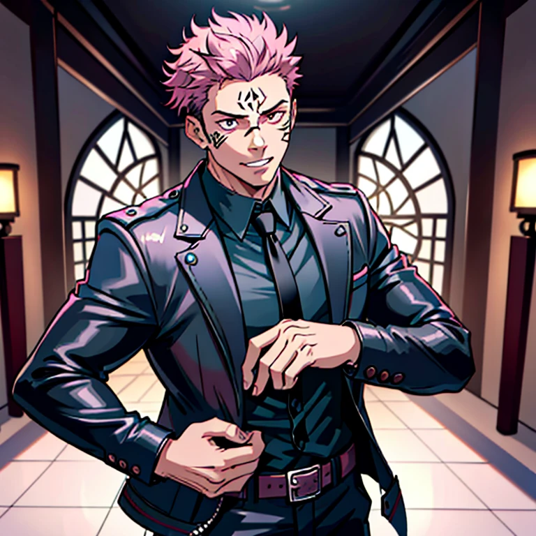 (masterpiece, best quality: 1.2), Solo, male focus, 1boy, sukuna, tattoo_On_his_face, male, full bodyesbian, Black leather jacket, Black leather tie, leather gloves, A pink-haired, cow boy shot, 8K, super detailing, hands in a pocket, tight suit, inside the house,