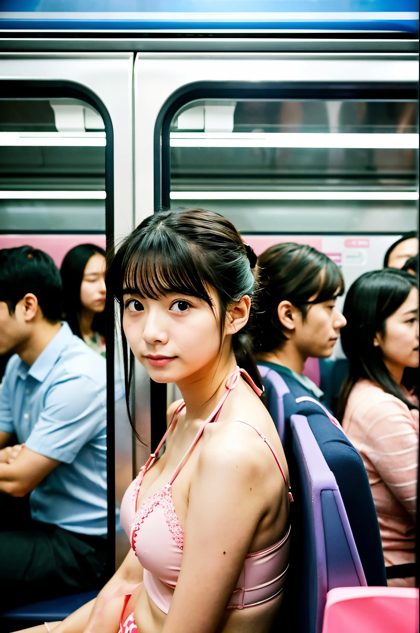 A very cute face like a Japanese idol、18-year-old female、Gentle and cute、She is wearing a light pink bikini、The passengers are dressed、(Sitting on a chair in a crowded train with office workers heading home)、(Sitting on a seat in a crowded train with many office workers heading home)、((whole body))、RAW Photos、Genuine、Like live action、High resolution、Life