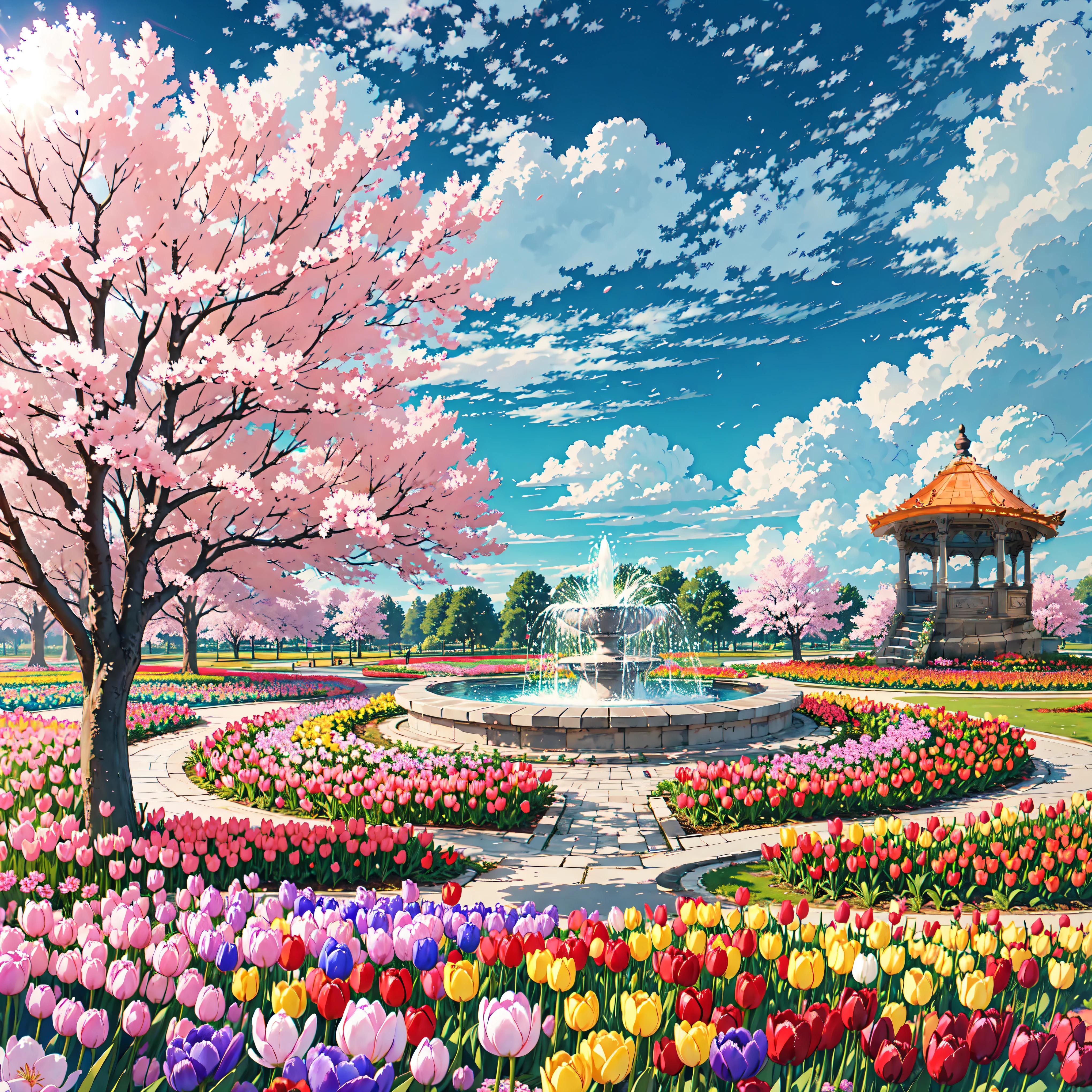 (Photorealistic)、(Photorealistic)、 An elaborate botanical garden:1.5，highest quality, masterpiece l(1.4),(Vibrant and colorful tulip flower fields,),,(Impressive large cherry blossoms,)、A large marble fountain in the center,Sparkling water splashes from a sparkling fountain,,A wealth of colours and textures. (Colorful tulips,), (Red, pink, yellow and purple tulips,),Gentle brick tile walkway,Endless tulip fields,Sky blue sky,Clouds go,Cherry blossom trees in the distance,This garden is a treat for the eyes. The AI platform renders this scene in a whimsical, dreamlike style.。, With soft brushstrokes and pastel colors. An elaborate botanical garden:1.5，highest quality, masterpiece l(1.4),