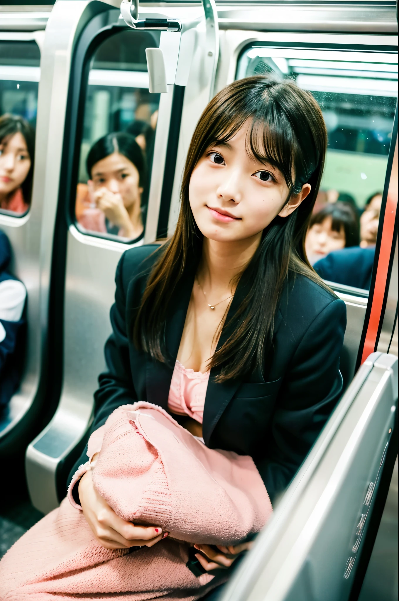 A very cute face like a Japanese idol、18-year-old female、Gentle and cute、She is wearing a light pink bikini、(Sitting on a chair in a crowded train with office workers heading home)、(Sitting on a seat in a crowded train with many office workers heading home)、(The passengers are wearing suits)、((whole body))、RAW Photos、Genuine、Like live action、High resolution、Life