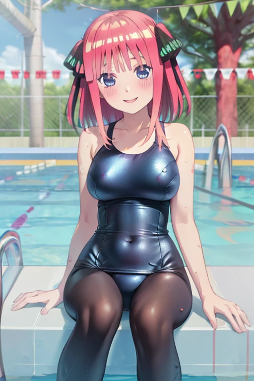 masterpiece, best quality, insanely detailed, beautiful, nino nakano, one-piece swimsuit, breasts, pantyhose, blush, smile, (outdoor swimming pool:1.3), legs spread