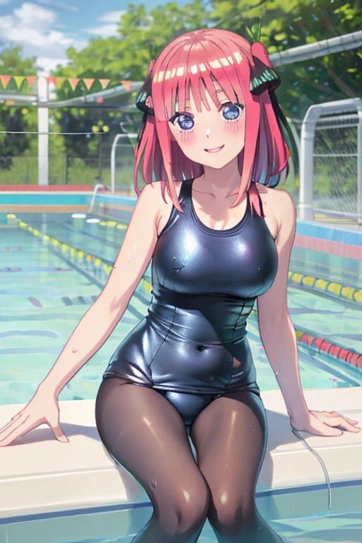 masterpiece, best quality, insanely detailed, beautiful, nino nakano, one-piece swimsuit, breasts, pantyhose, blush, smile, (outdoor swimming pool:1.3), legs spread